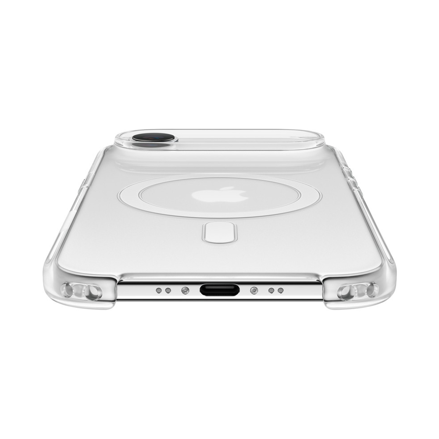 Custodia trasparente per telefono. Caratteristiche: ritaglio fotocamera, porta di ricarica e anello MagSafe sul retro. Sfondo bianco.