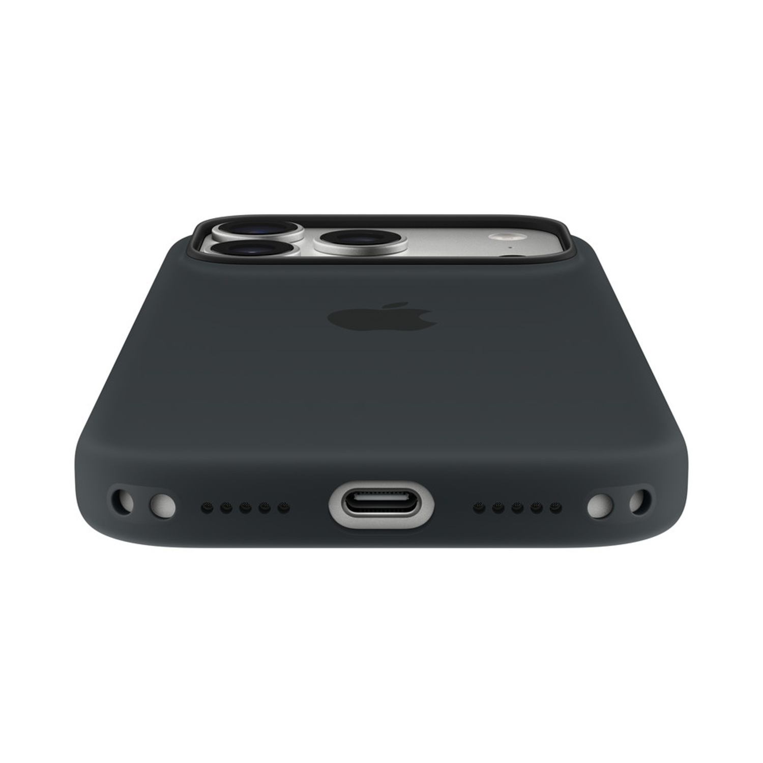 Una custodia per telefono grigio scuro, con lenti della fotocamera in alto. Logo Apple visibile. Il fondo ha fori per altoparlanti e porta di ricarica.