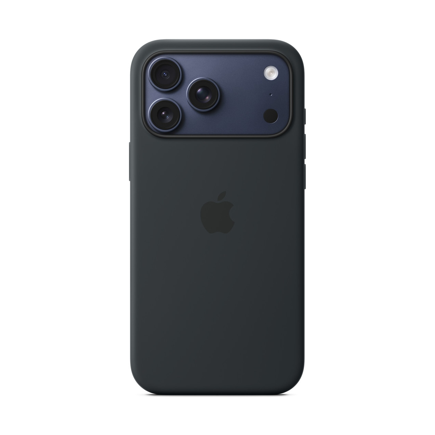 iPhone nero con tre fotocamere e flash. Logo Apple sul retro. Custodia verde scuro, area fotocamera blu.