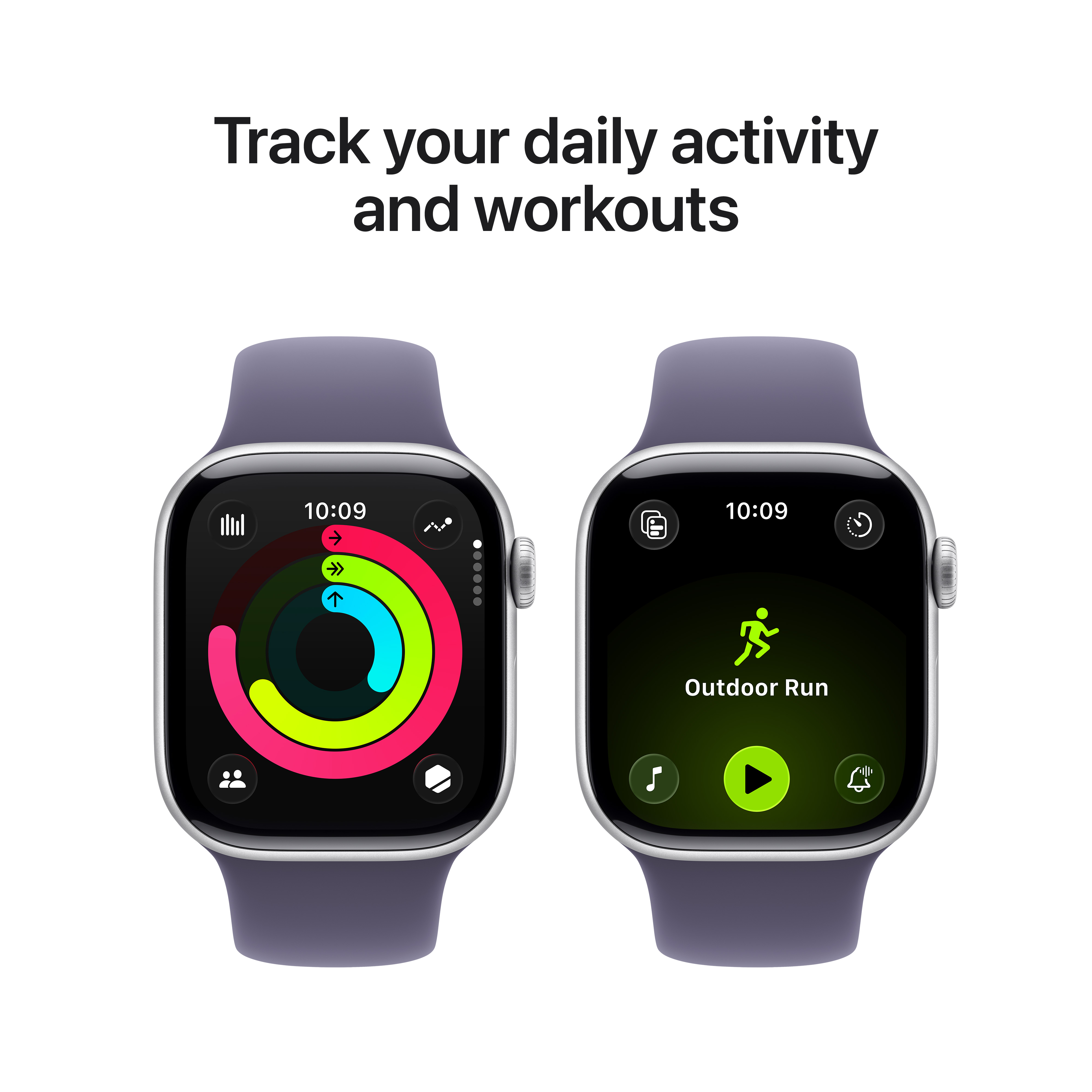 Deux montres connectées affichent des anneaux d'activité et course en extérieur. Texte: Suivez votre activité et entraînements.