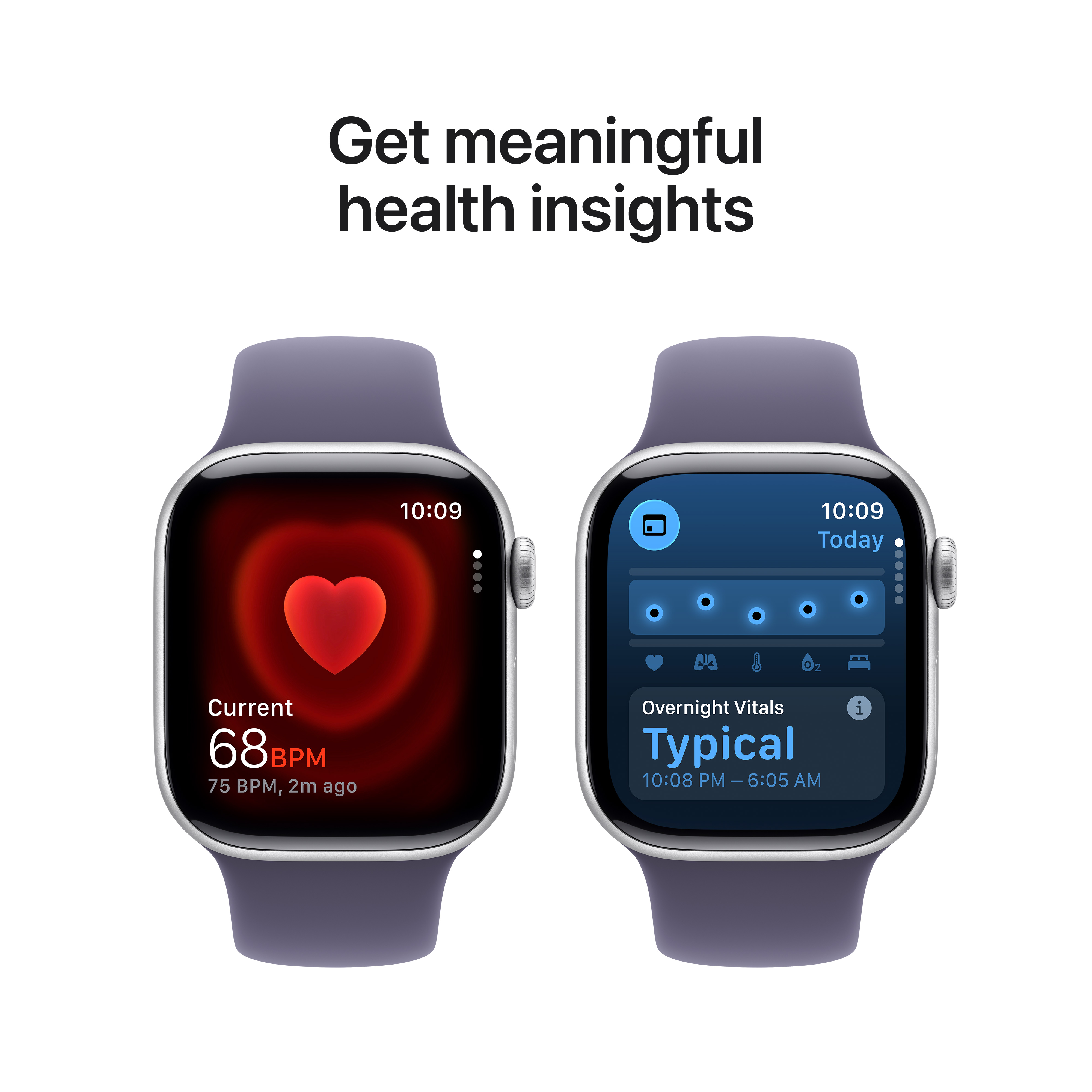 Deux montres connectées affichent des données de santé : fréquence cardiaque (68 BPM) et constantes nocturnes. Fond blanc avec texte.