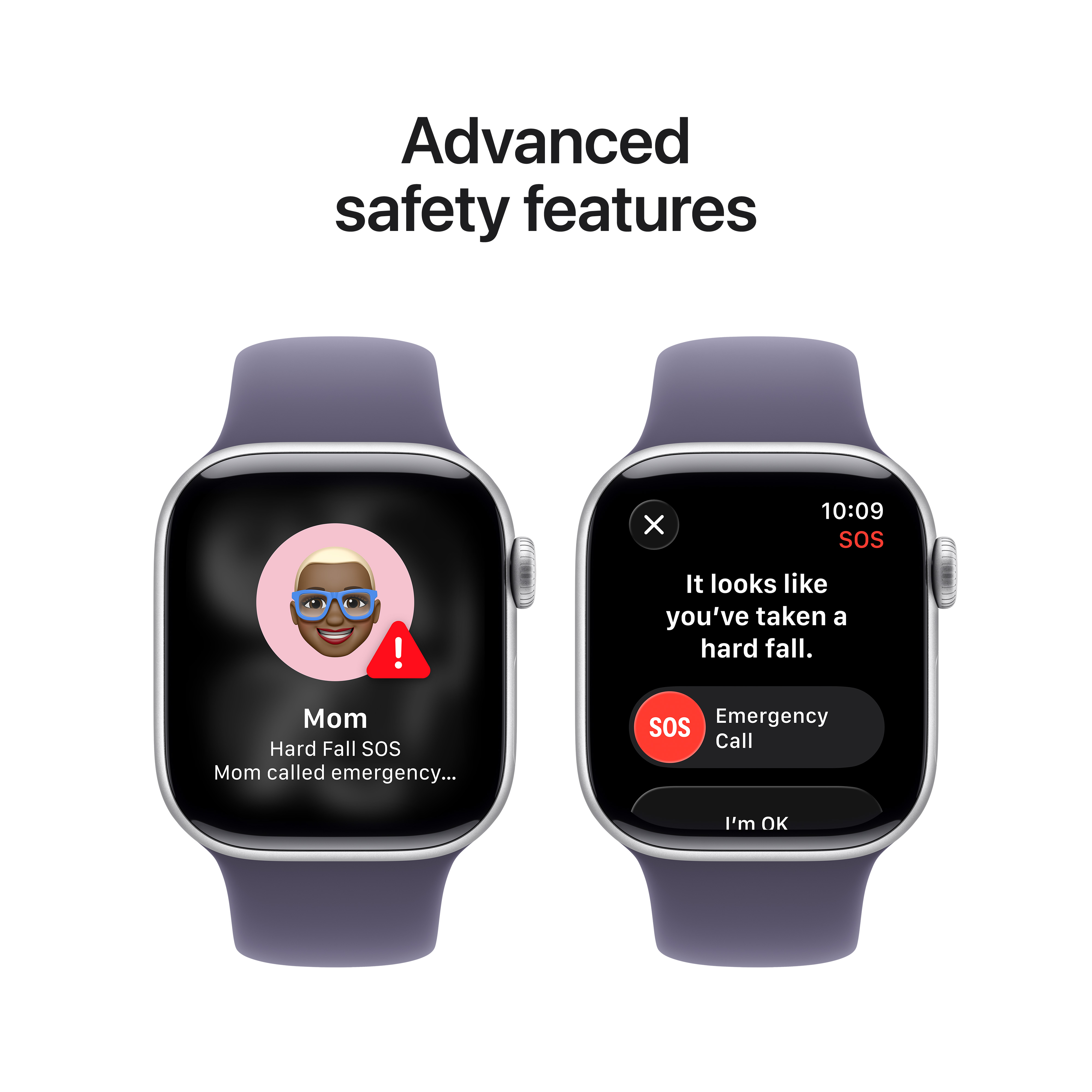 Deux montres connectées avec fonctions d'urgence. L'une affiche une alerte de détection de chute, l'autre propose un appel d'urgence.
