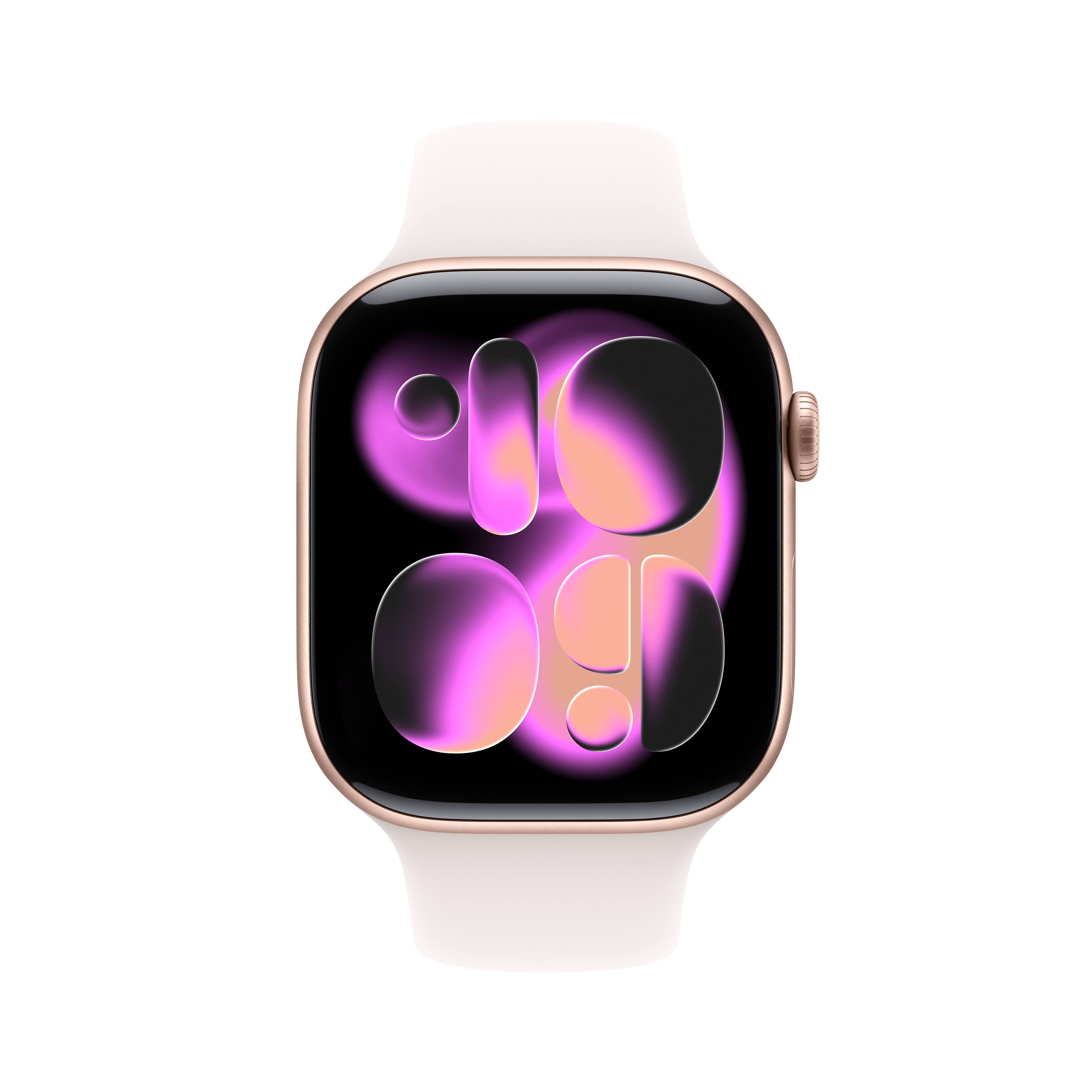 Apple Watch avec boîtier doré, bracelet blanc et écran affichant une heure numérique avec des dégradés roses et oranges.