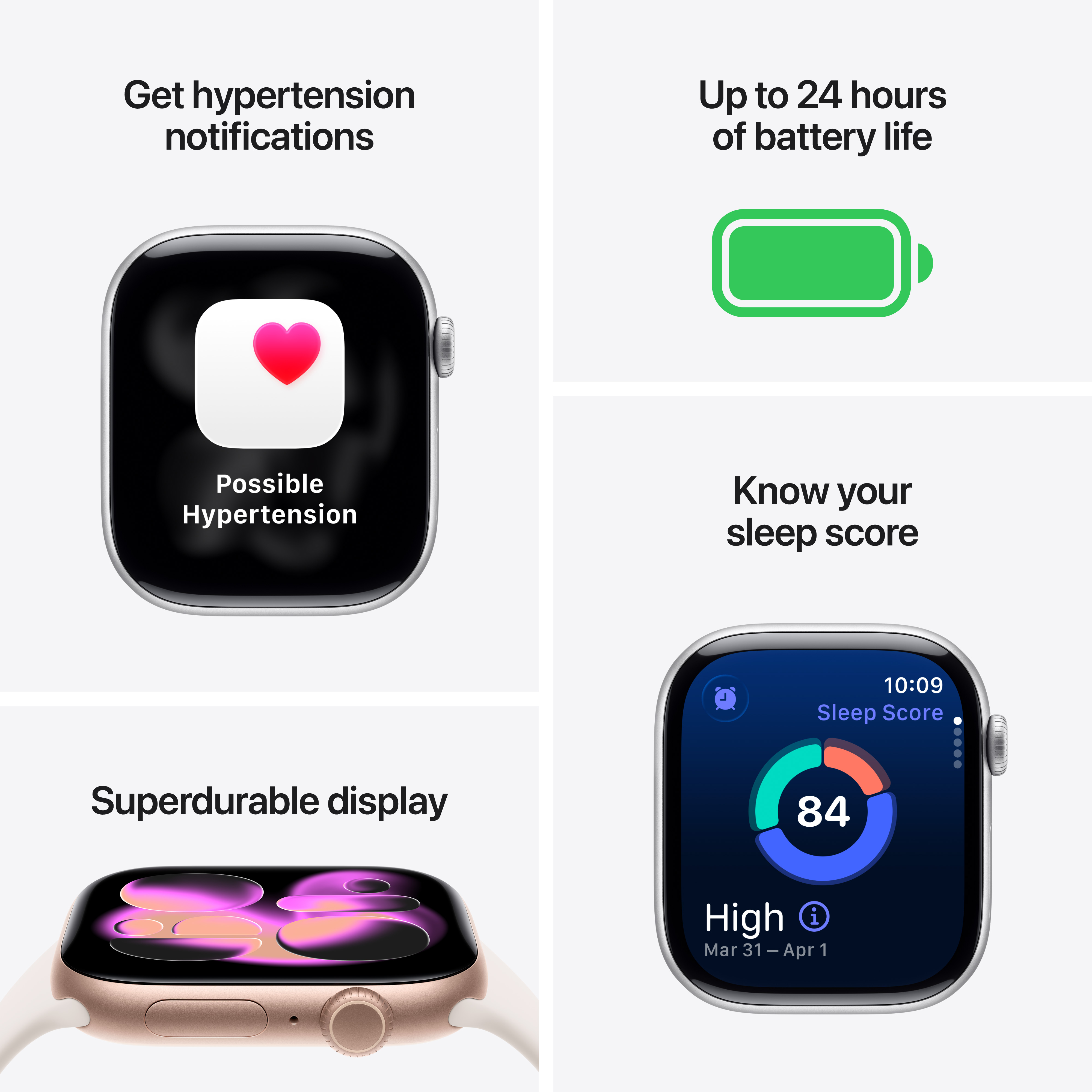 L'image présente une smartwatch avec des notifications d'hypertension, un score de sommeil et une longue durée de vie de la batterie.