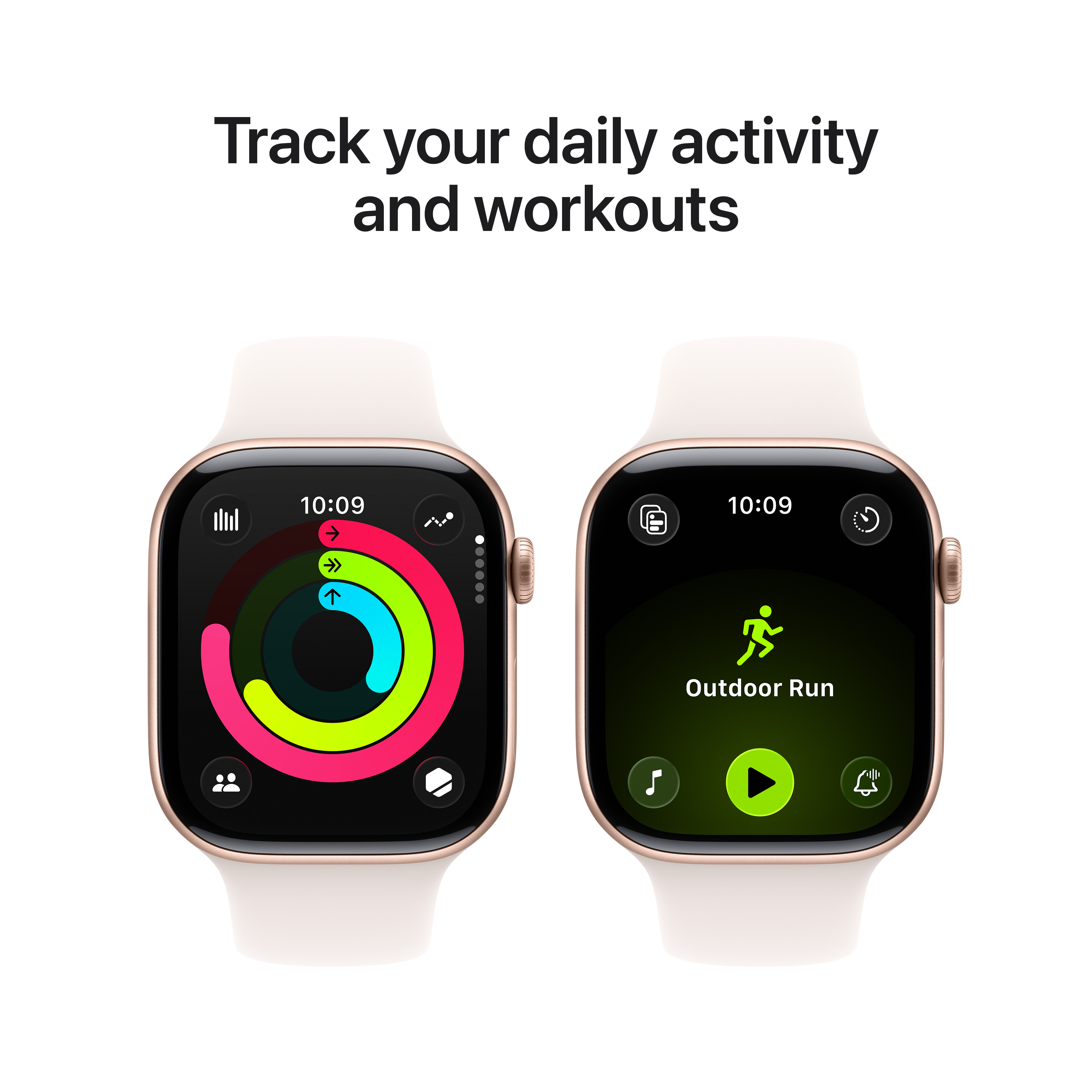 Deux montres connectées affichent des anneaux d'activité et l'interface de course en extérieur sur fond blanc. Texte : Suivez votre activité.