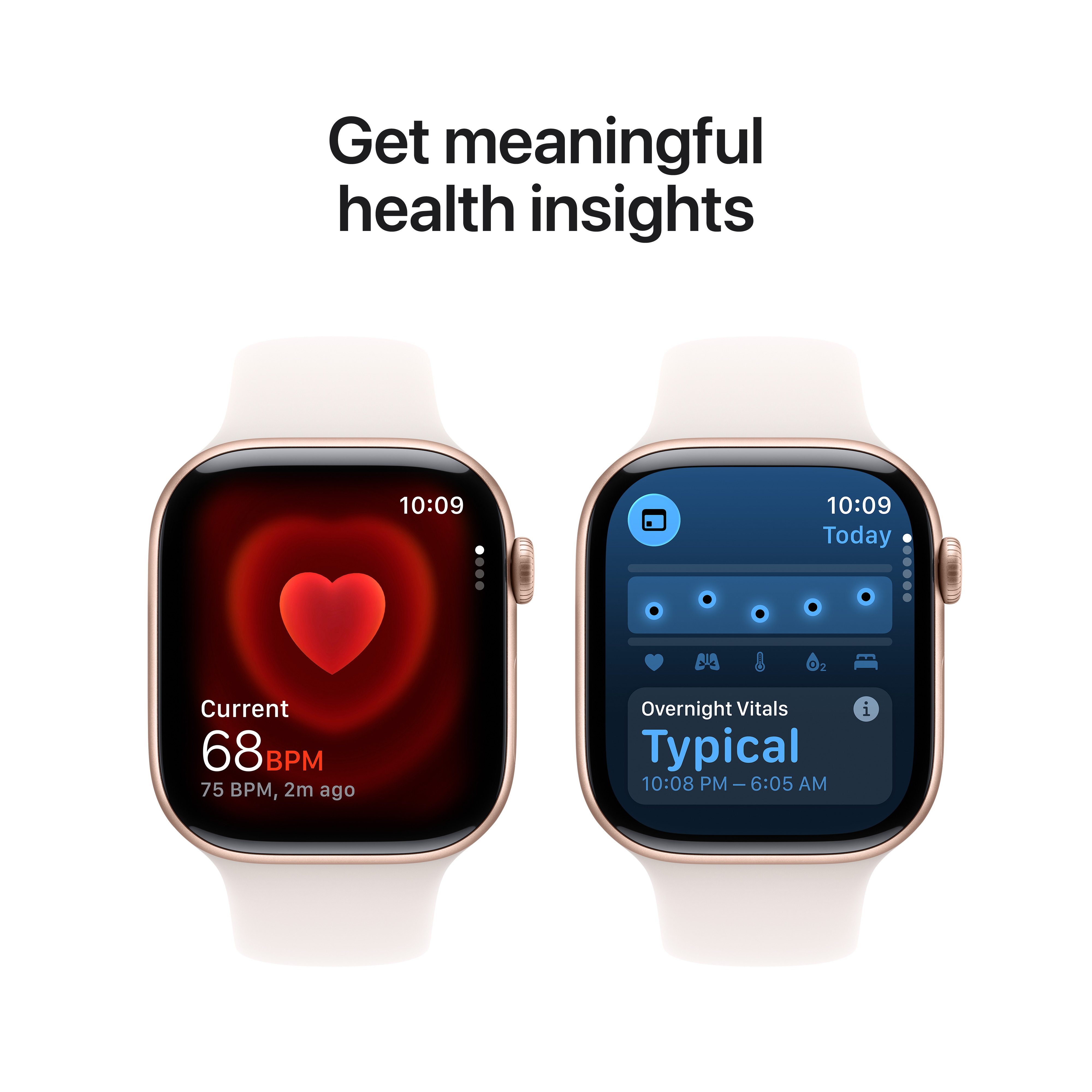 Deux montres connectées affichent des données de santé : fréquence cardiaque et constantes nocturnes. Texte : « Obtenez des informations de santé significatives ».