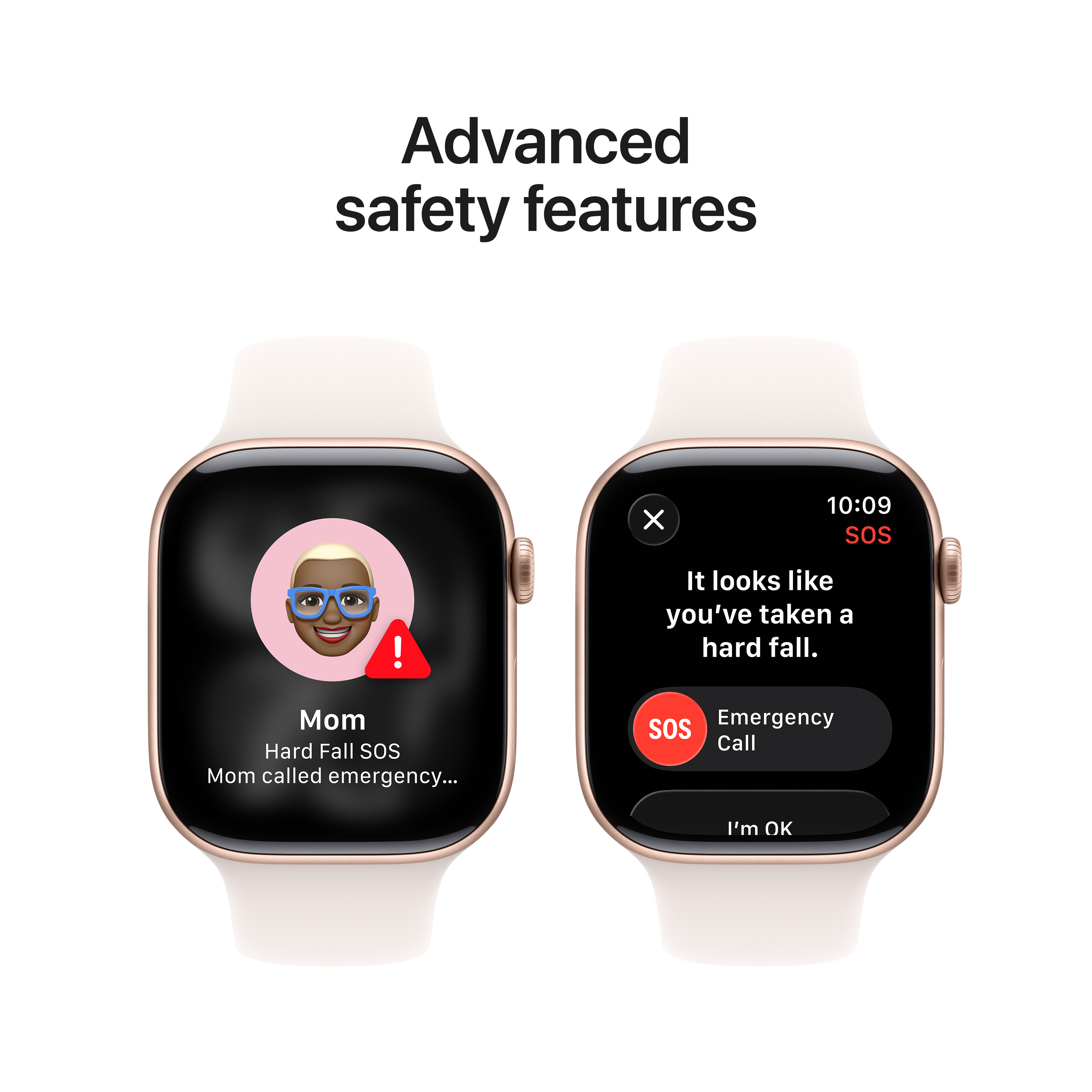 Deux montres intelligentes affichant des messages SOS. L'une a un visage de femme avec une icône d'alerte rouge, l'autre demande si vous êtes tombé.
