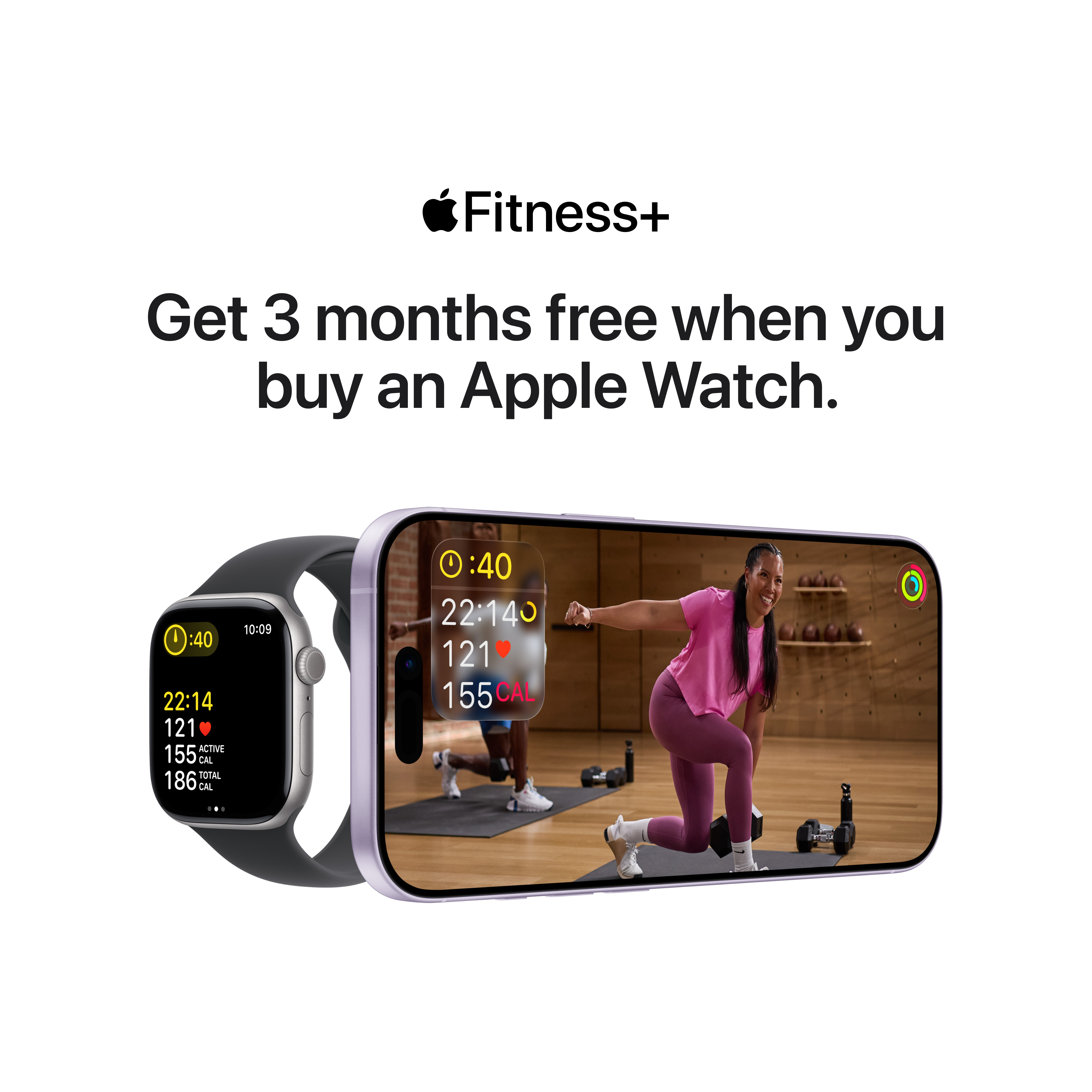 Une Apple Watch et un iPhone affichent un entraînement Fitness+. Le texte dit : Obtenez 3 mois gratuits à l'achat d'une Apple Watch.