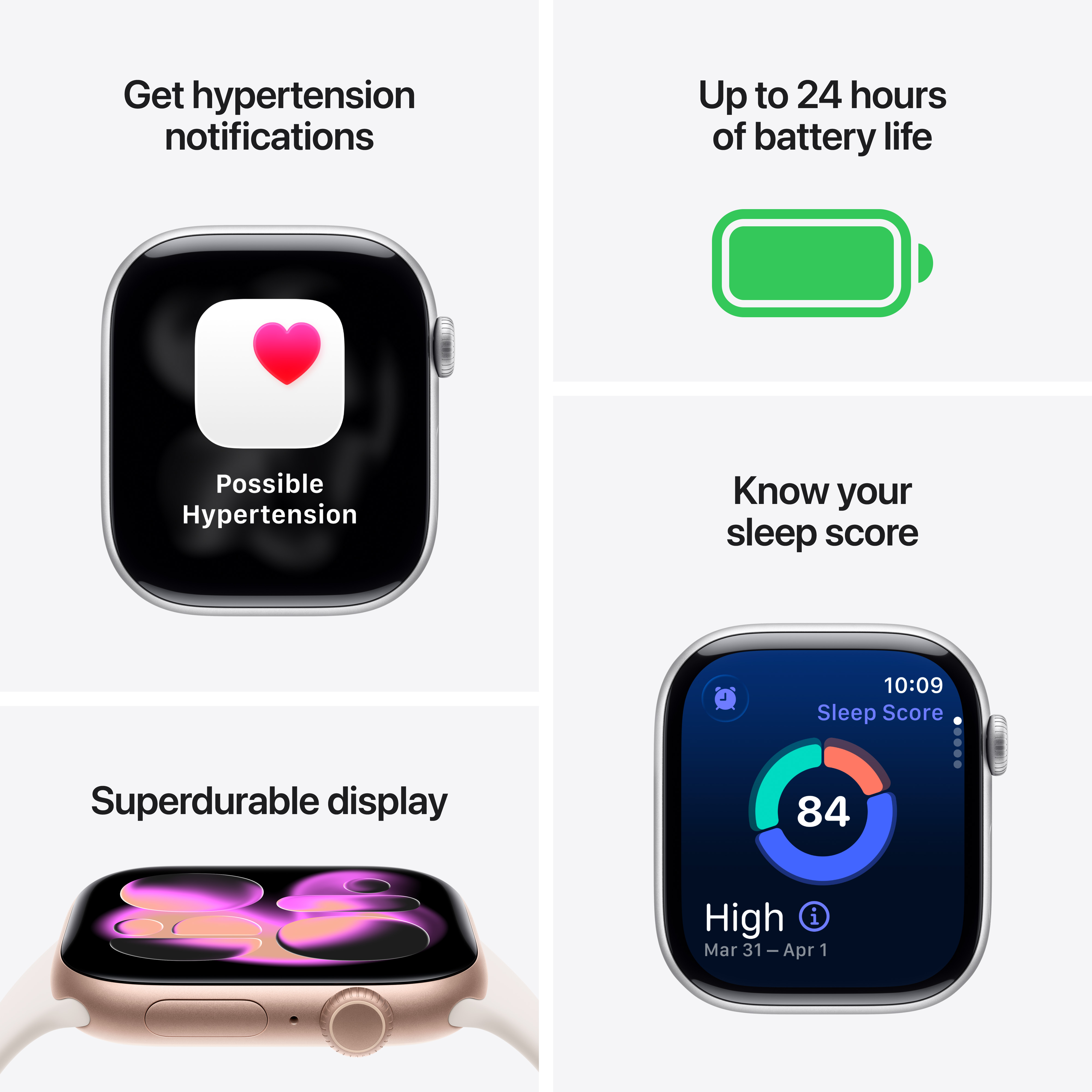L'image montre une Apple Watch avec des fonctionnalités telles que les notifications d'hypertension, l'autonomie de la batterie, le score de sommeil, et un écran durable.