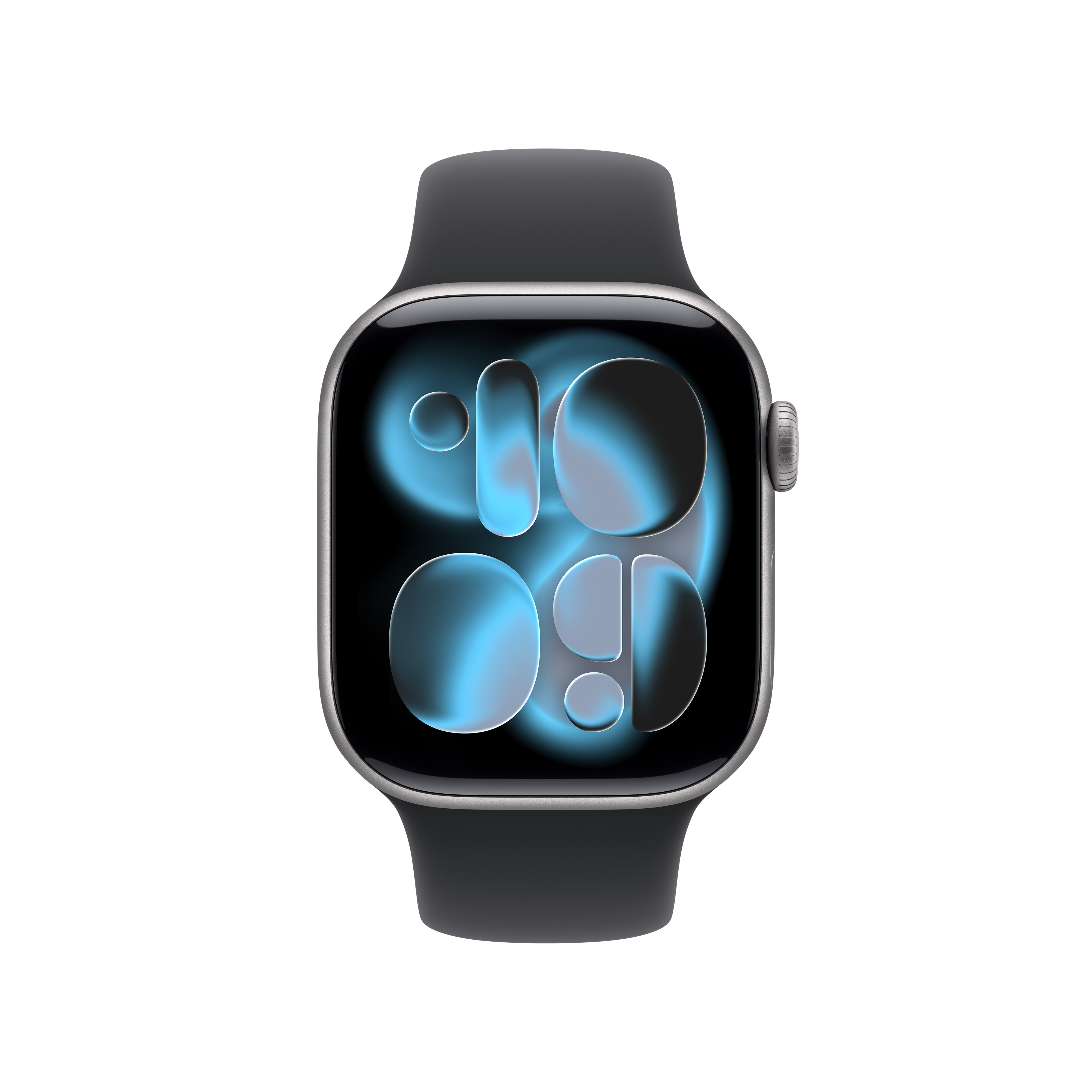 Une Apple Watch noire avec un affichage numérique bleu indiquant l'heure. Le fond est blanc.