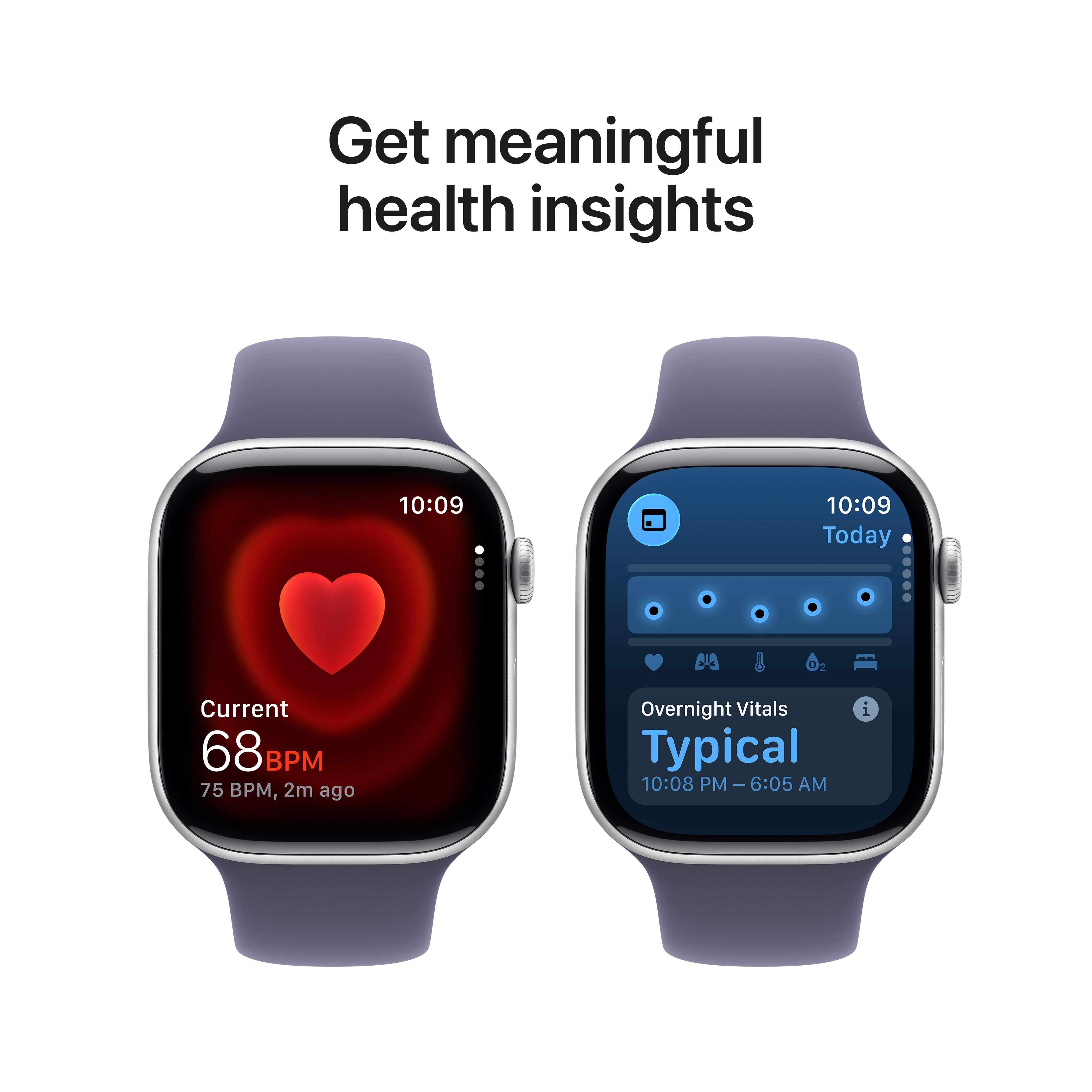 Due smartwatch mostrano dati sanitari. Uno mostra la frequenza cardiaca, l'altro sonno e livelli di ossigeno. Cinturini viola, sfondo bianco.
