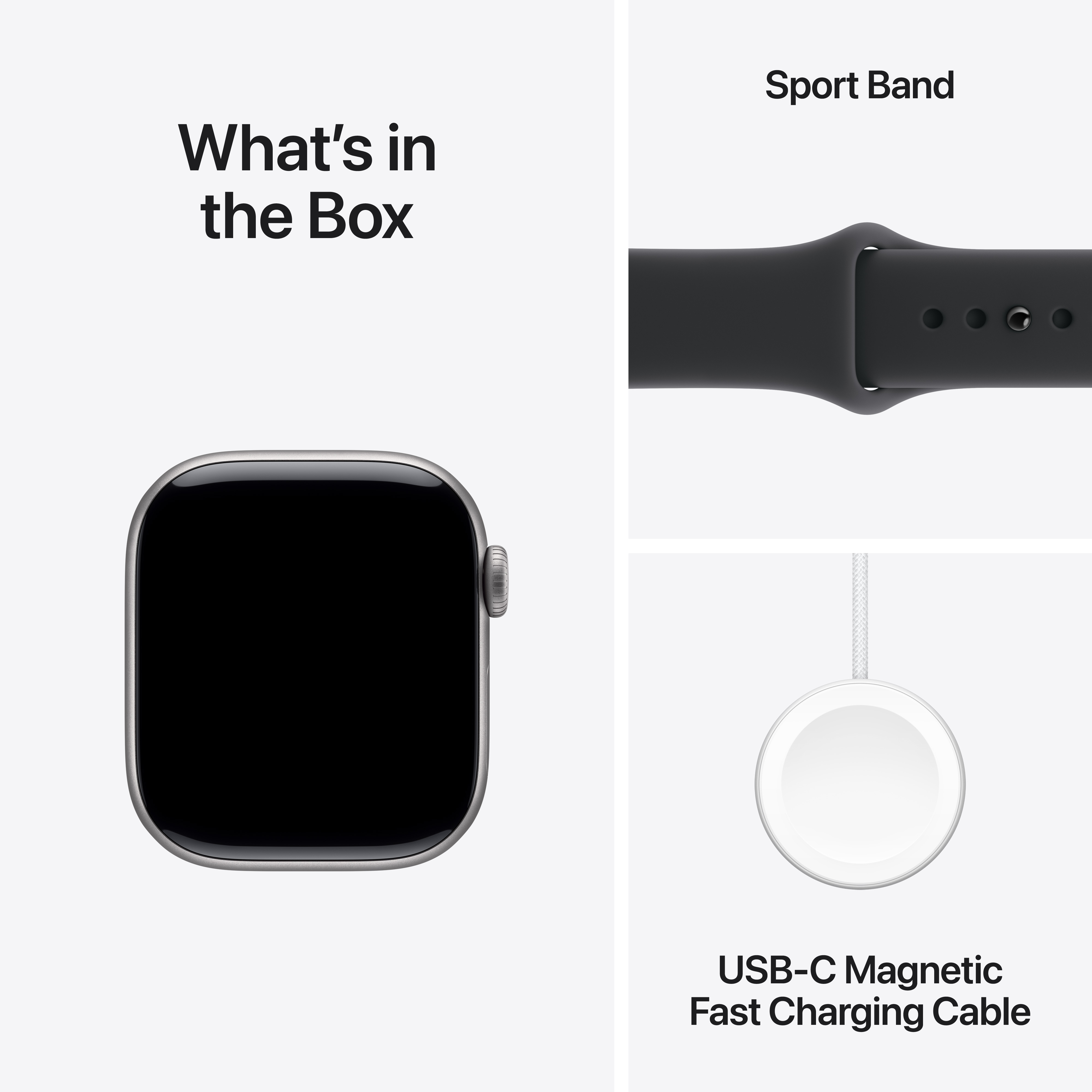 L'image montre Apple Watch, Sport Band et câble de chargement. Texte: Contenu, Sport Band, Câble de chargement rapide magnétique USB-C.