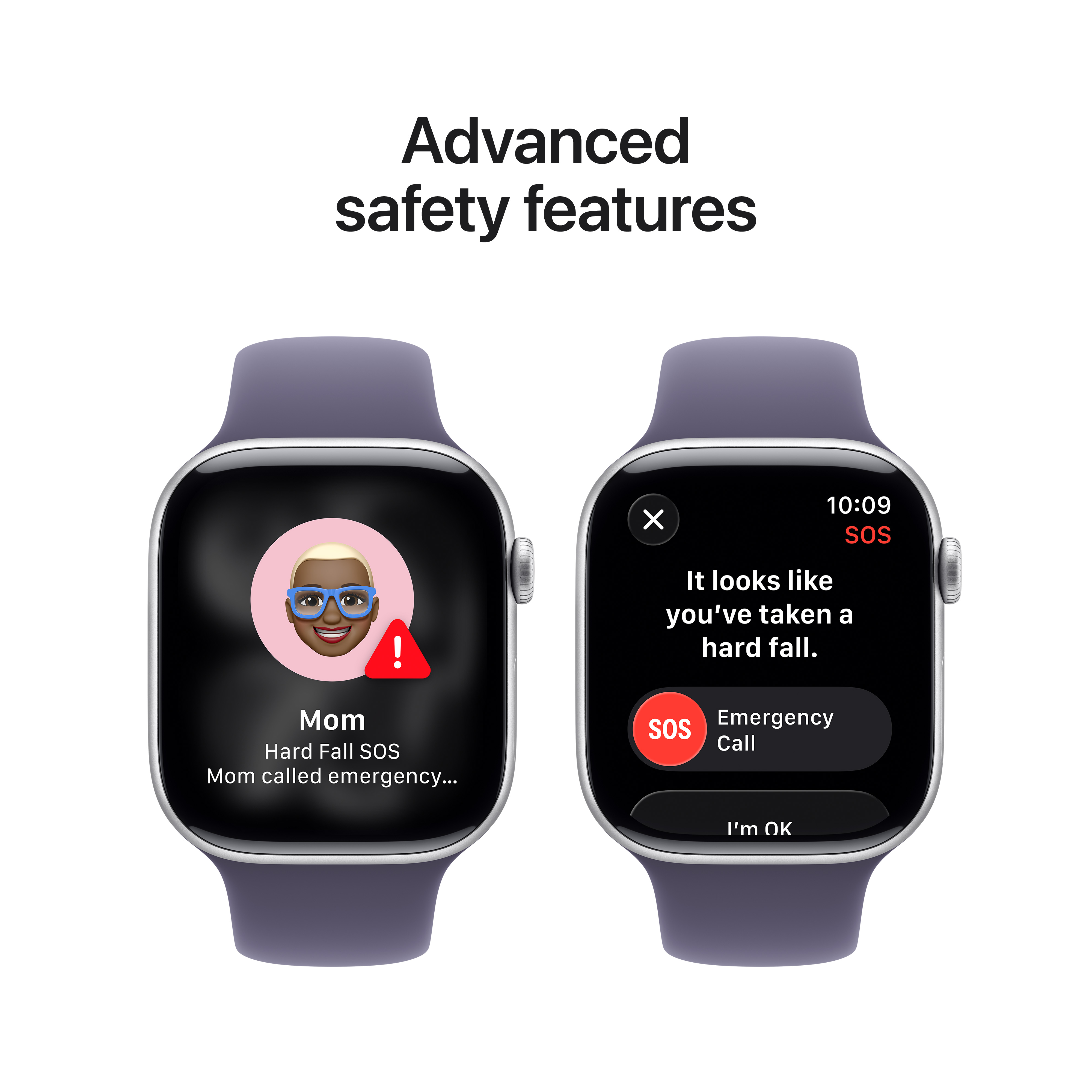 Due smartwatch. Uno mostra che la mamma ha chiamato SOS dopo una brutta caduta. L'altro mostra un'opzione di chiamata di emergenza.
