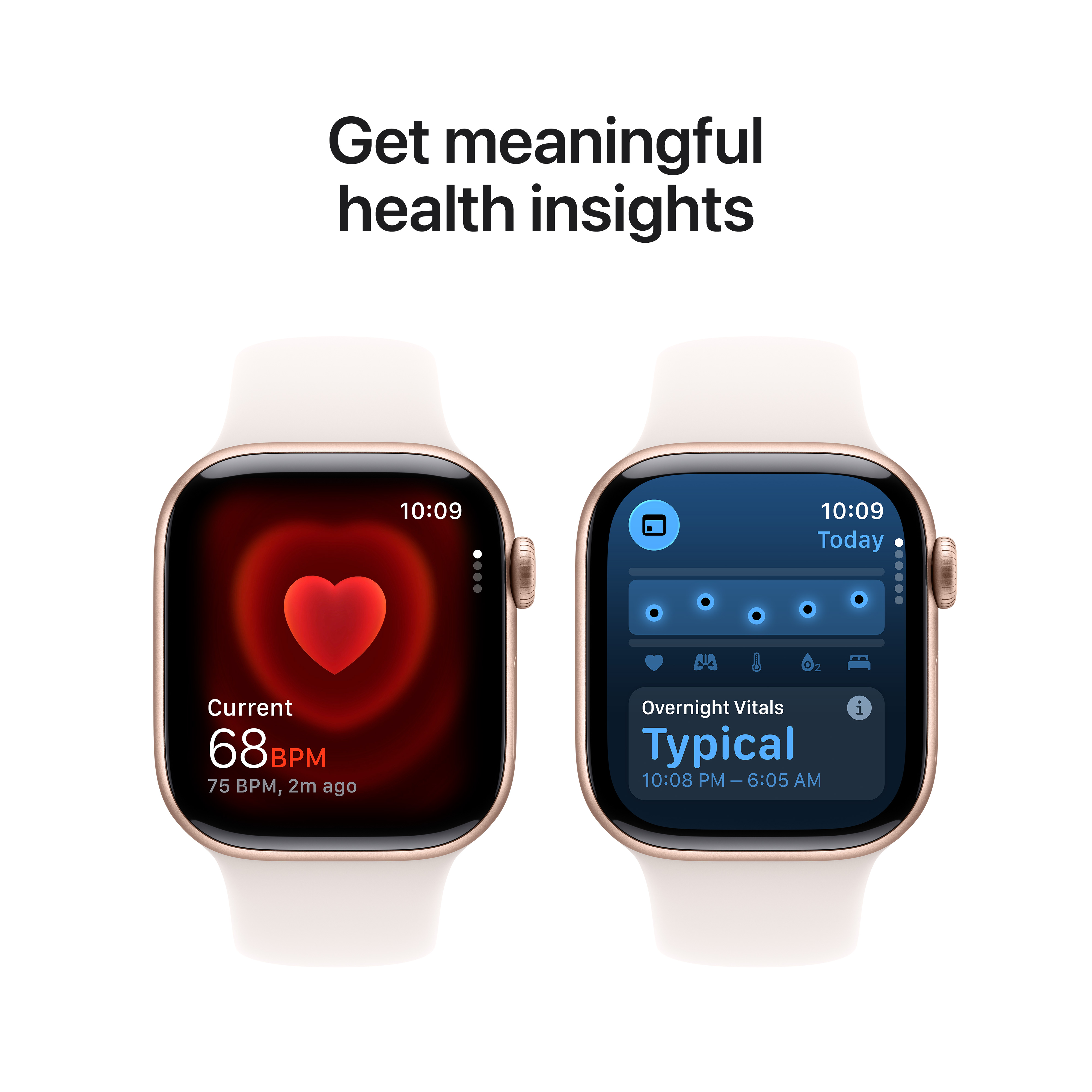 Deux montres intelligentes affichent des données de santé. L'une montre la fréquence cardiaque, l'autre les constantes nocturnes.