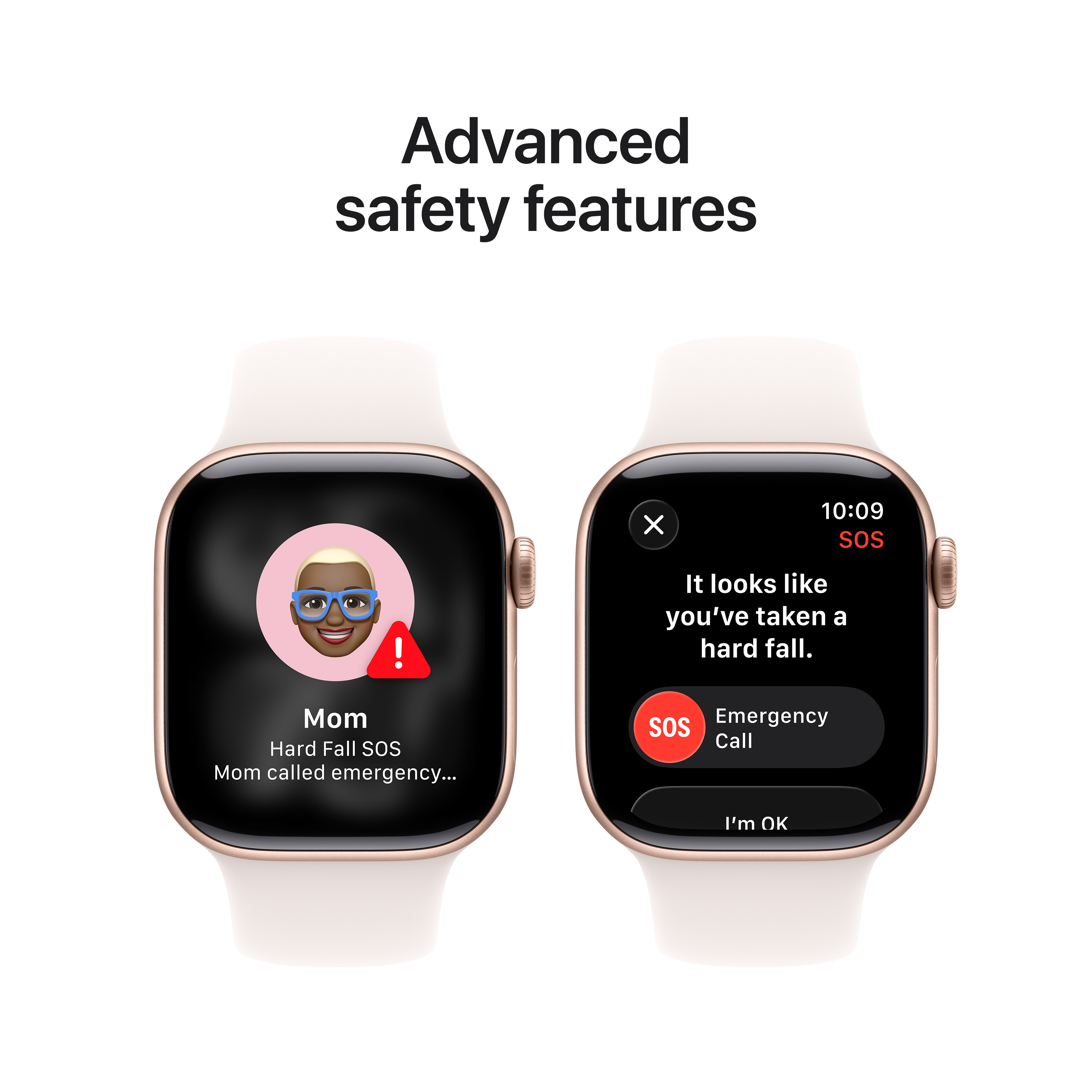 Deux montres connectées affichent des alertes SOS. L'une montre une chute détectée avec un appel de maman. L'autre propose des appels d'urgence.