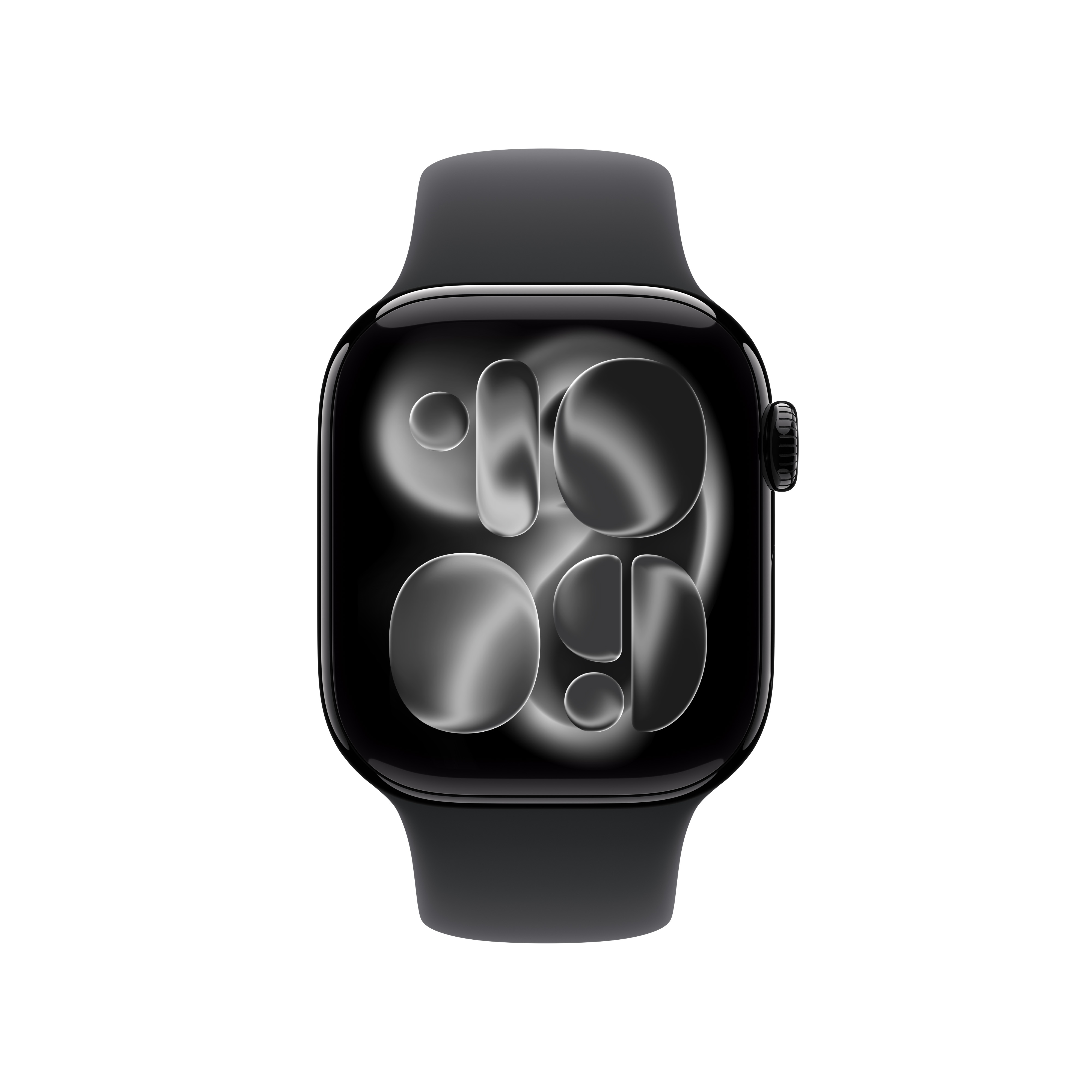 Une Apple Watch noire avec un écran affichant l'heure. La montre est sur fond blanc.