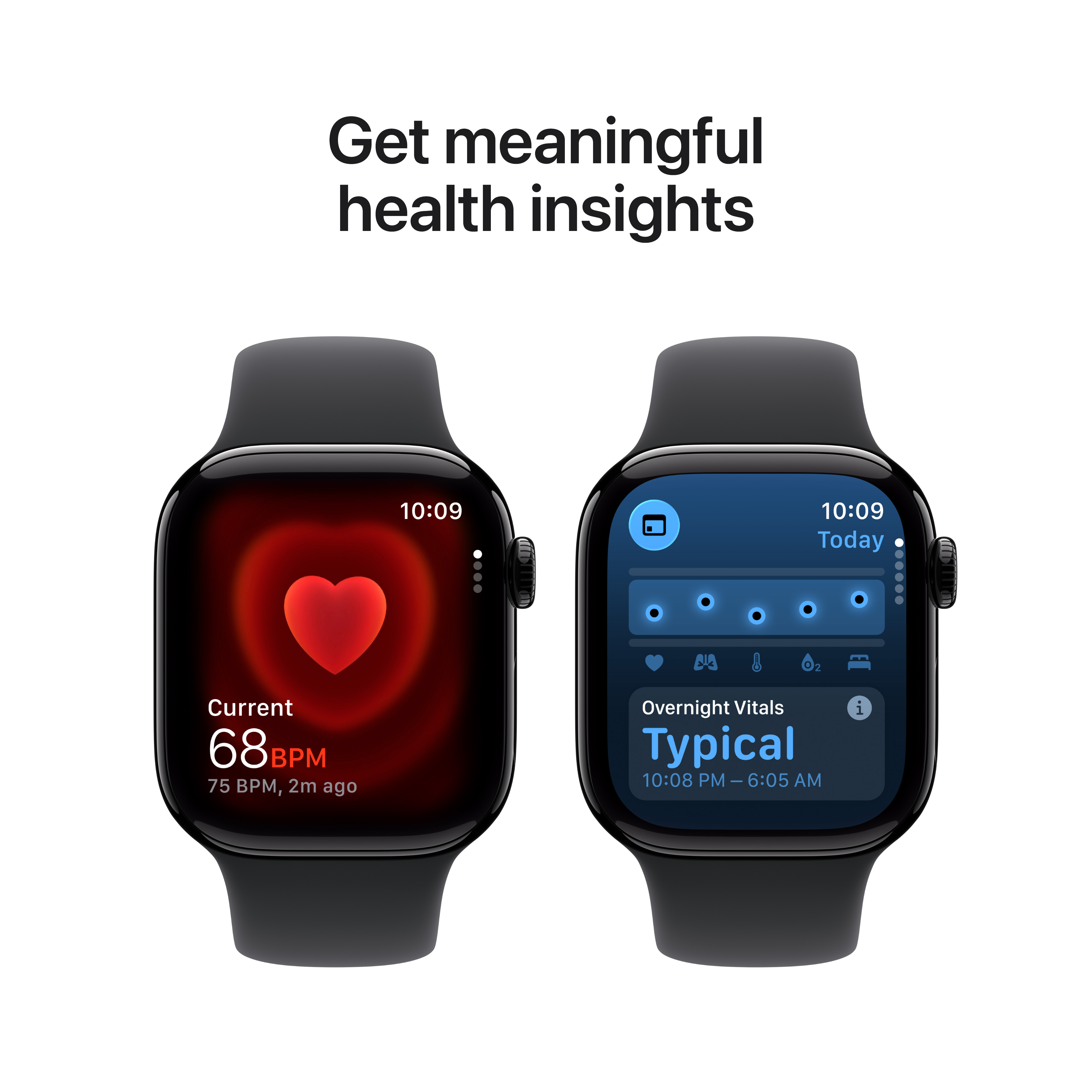 Deux smartwatches affichent des données de santé. L'une montre la fréquence cardiaque, l'autre les données de sommeil. Texte : 'Obtenez des informations de santé significatives'.