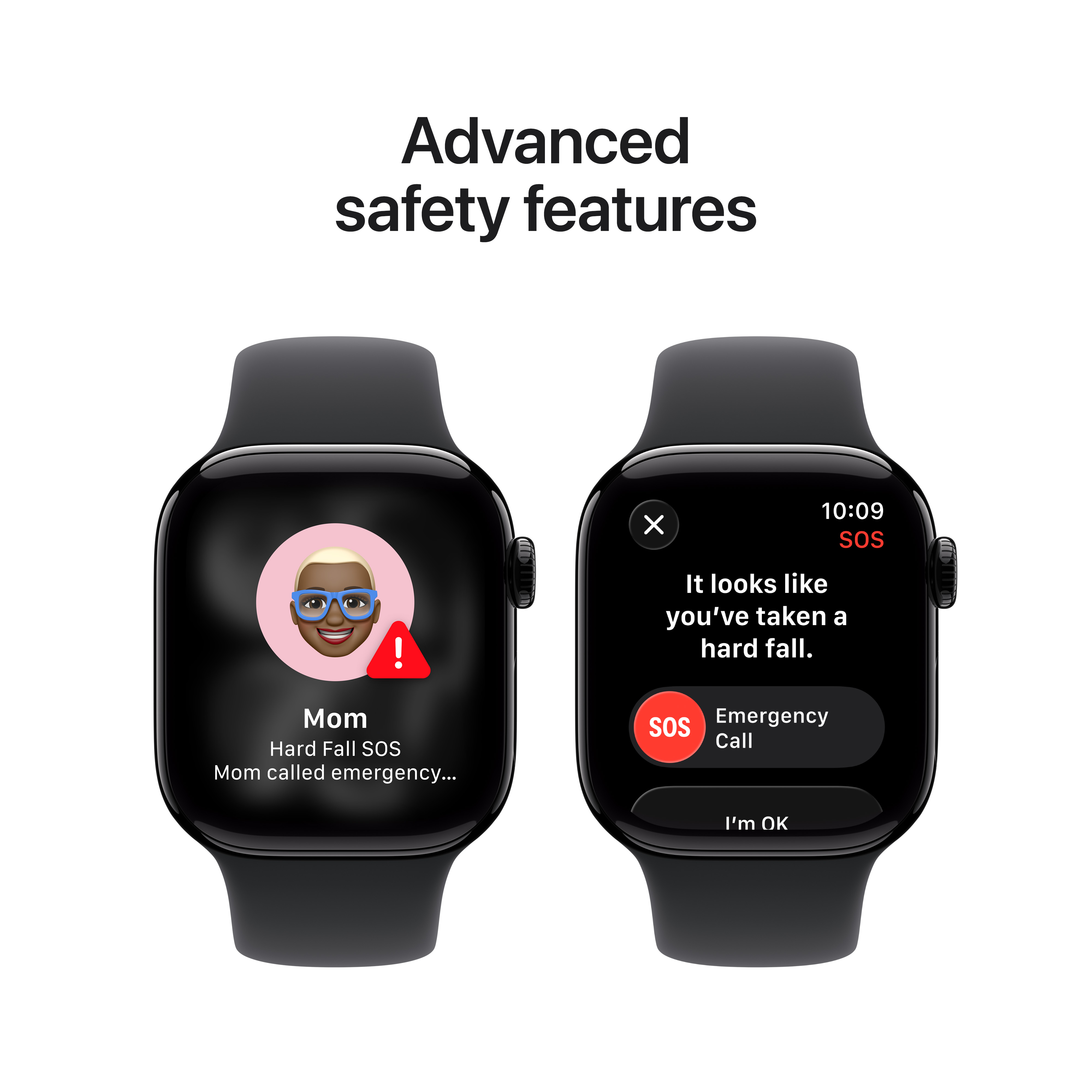 Deux montres intelligentes affichent des alertes d'urgence. L'une affiche un SOS de chute de Maman, l'autre une option d'appel SOS.