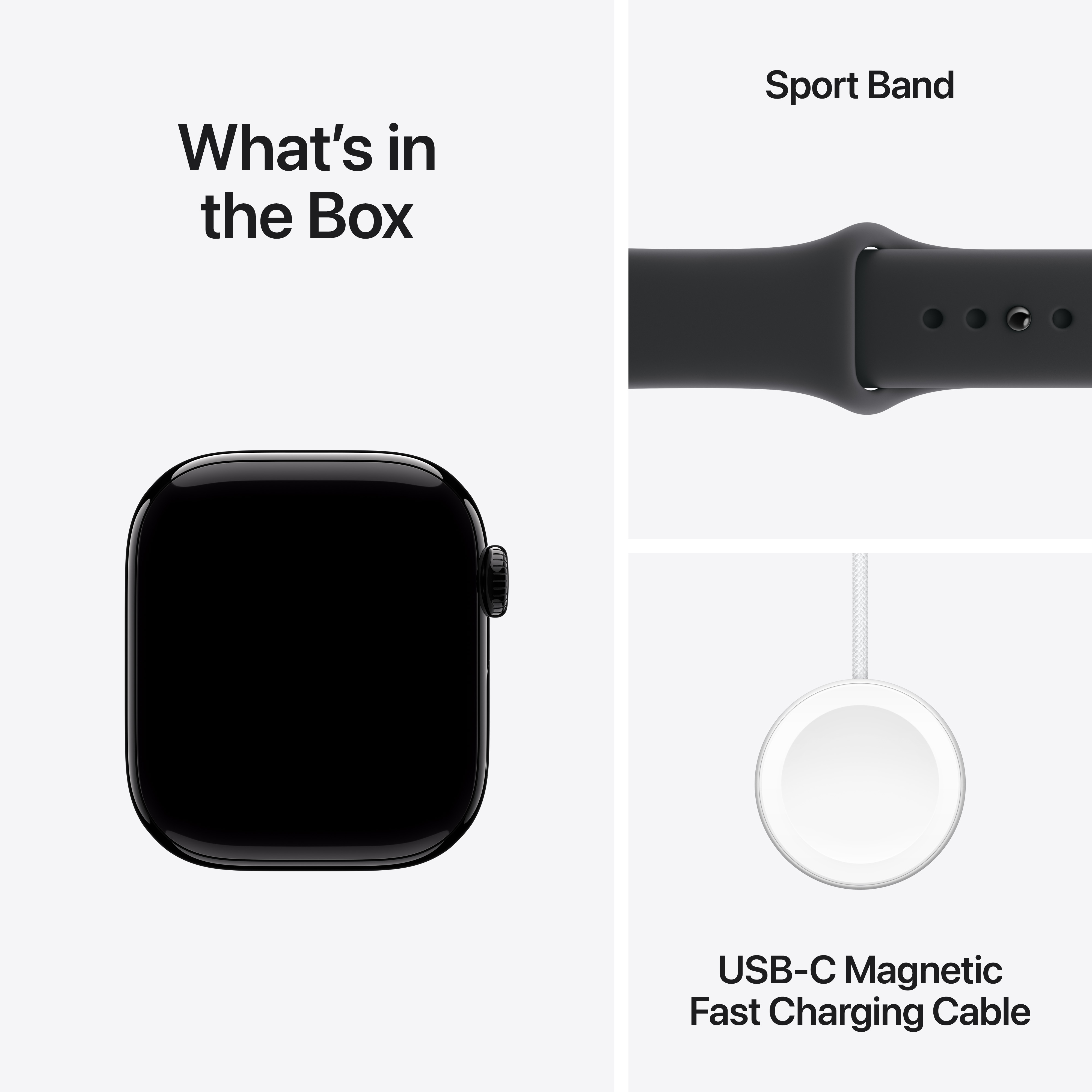 L'image montre l'Apple Watch, le bracelet sport et un câble de charge rapide magnétique USB-C, le tout sur fond blanc.