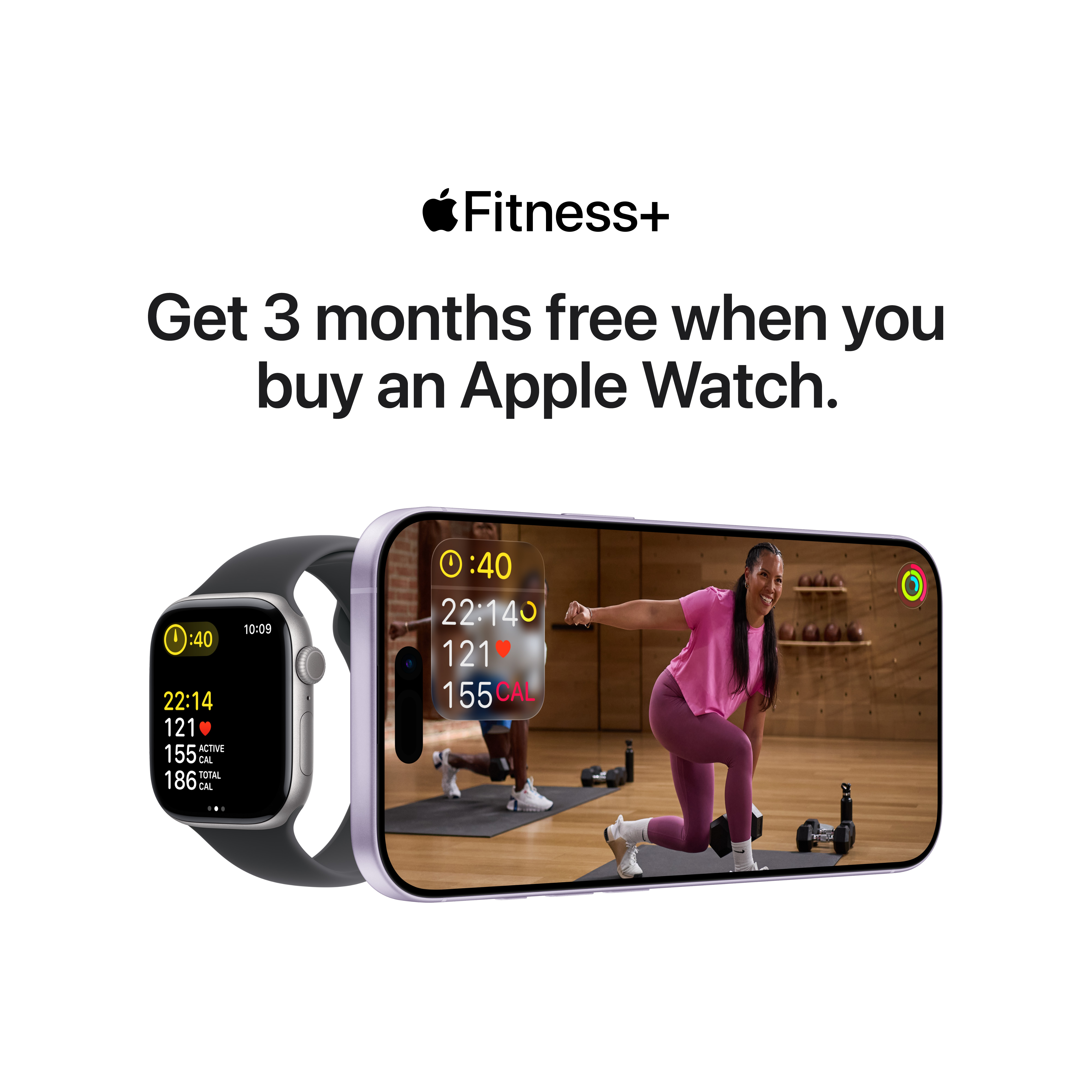 Une Apple Watch avec un bracelet noir et un téléphone montrant une femme faisant de l'exercice. Texte offre 3 mois gratuits.