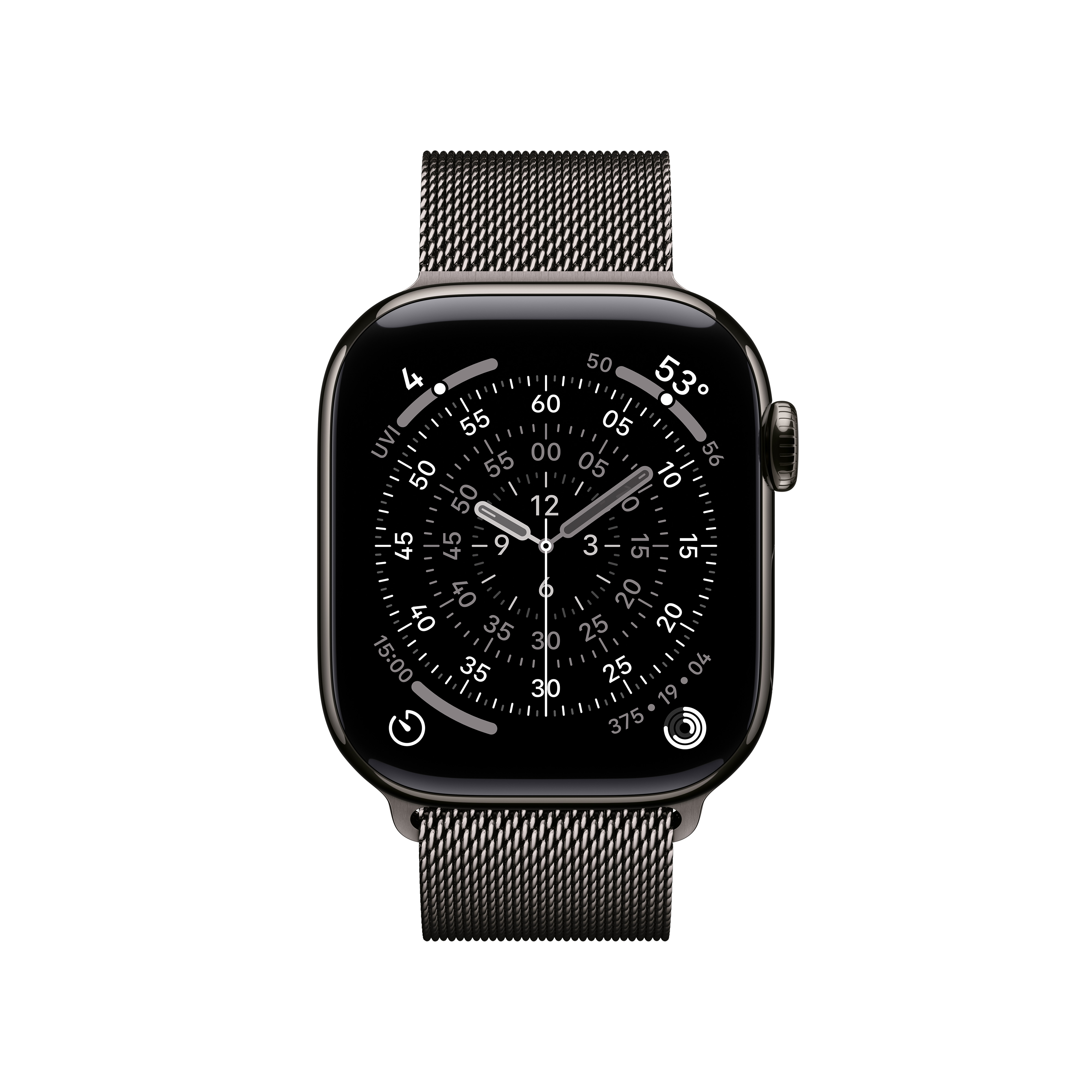 Une Apple Watch noire avec un bracelet en métal foncé. Le cadran affiche l'heure et diverses mesures.