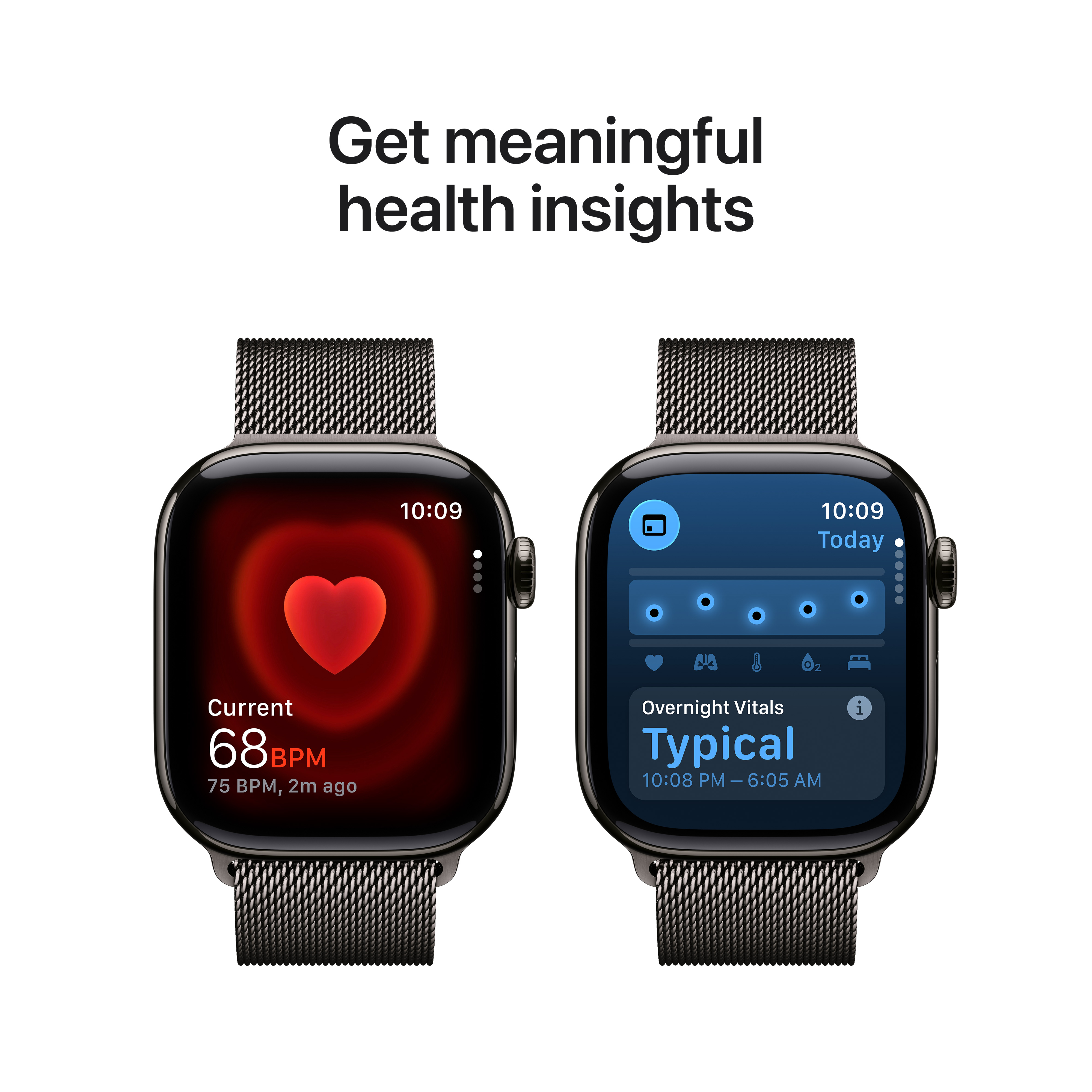 Deux montres connectées affichent des mesures de santé : fréquence cardiaque et constantes nocturnes. Bracelets noirs, écrans sombres, fond blanc.