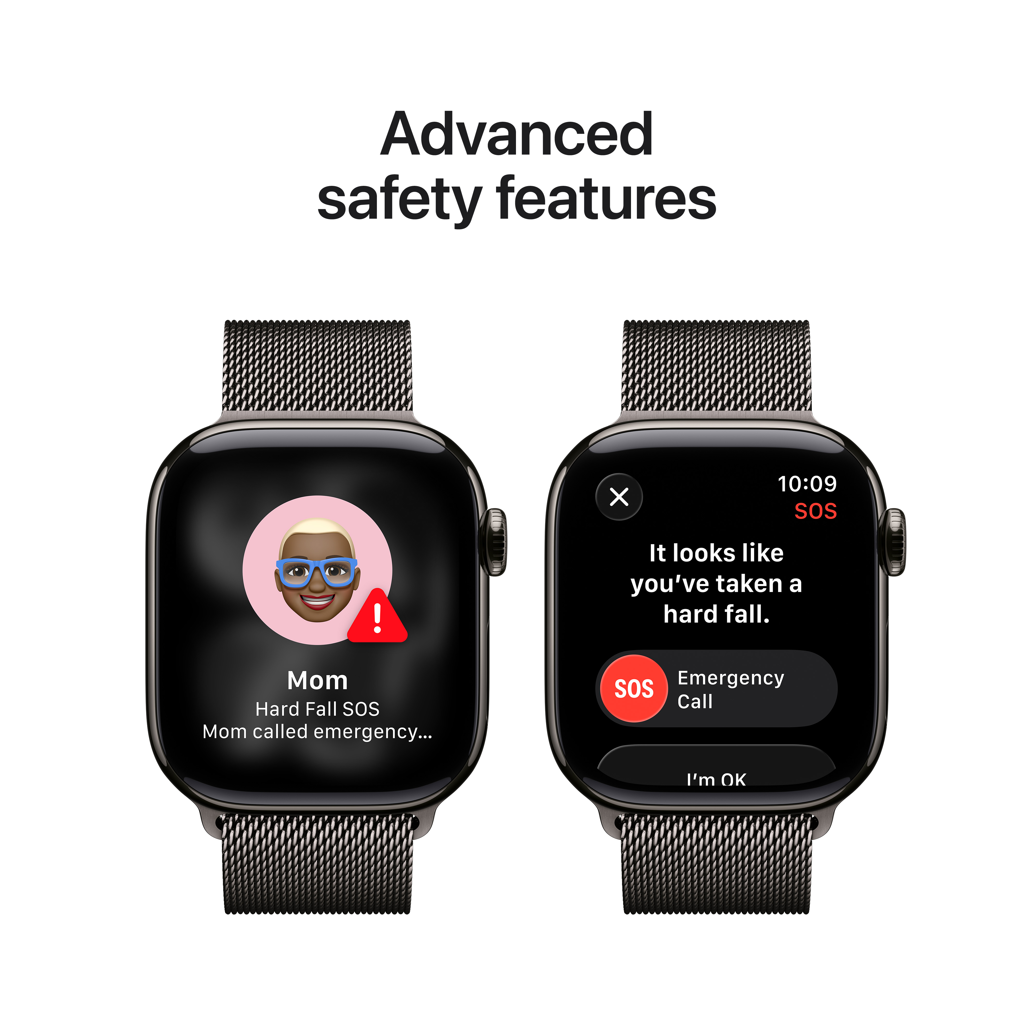 Deux montres intelligentes affichent des fonctions de sécurité. L'une a une alerte et un emoji. L'autre a une option d'appel d'urgence SOS.