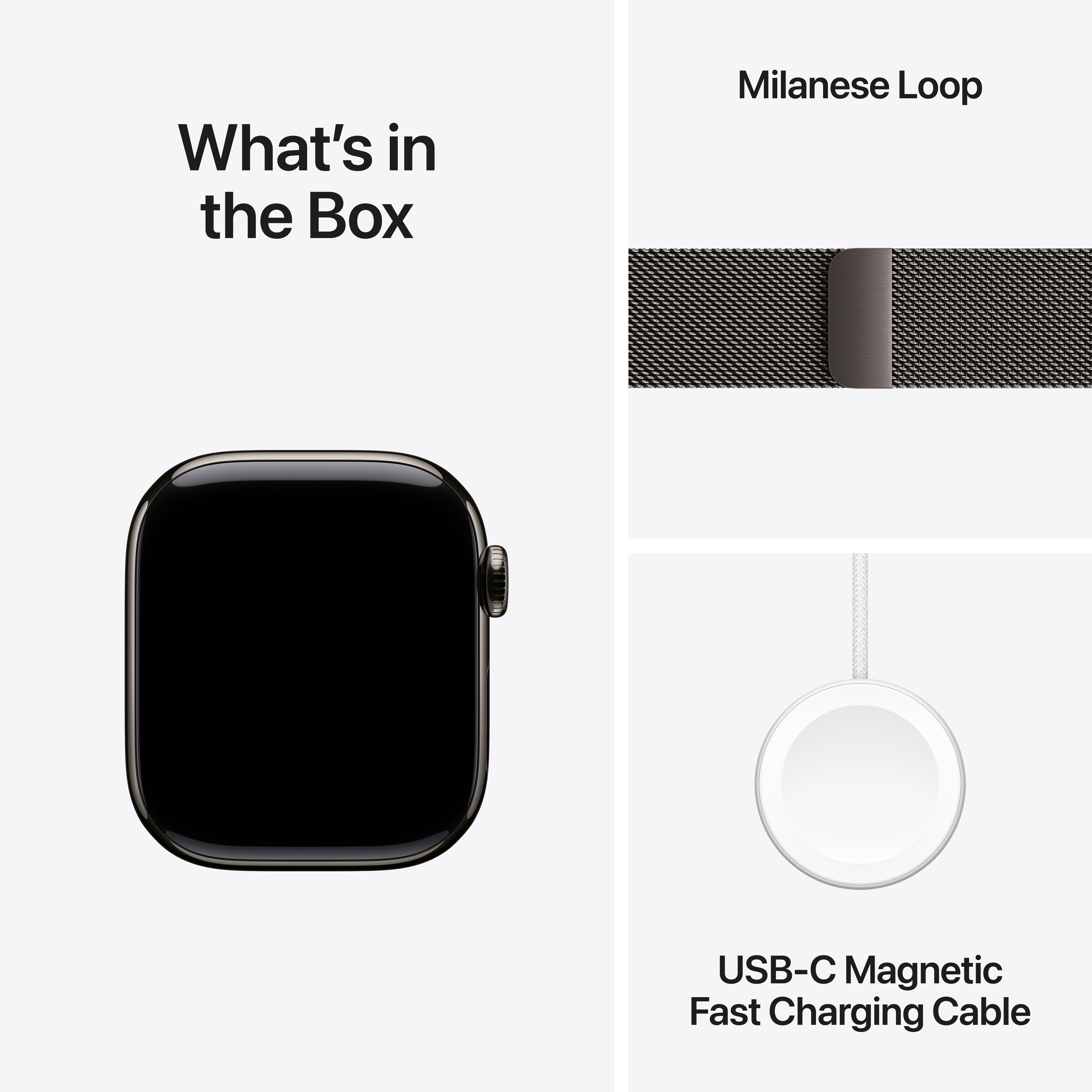 L'image montre une Apple Watch, un bracelet Milanese Loop et un câble de charge sur fond blanc. Texte : 'Qu'y a-t-il dans la boîte'.