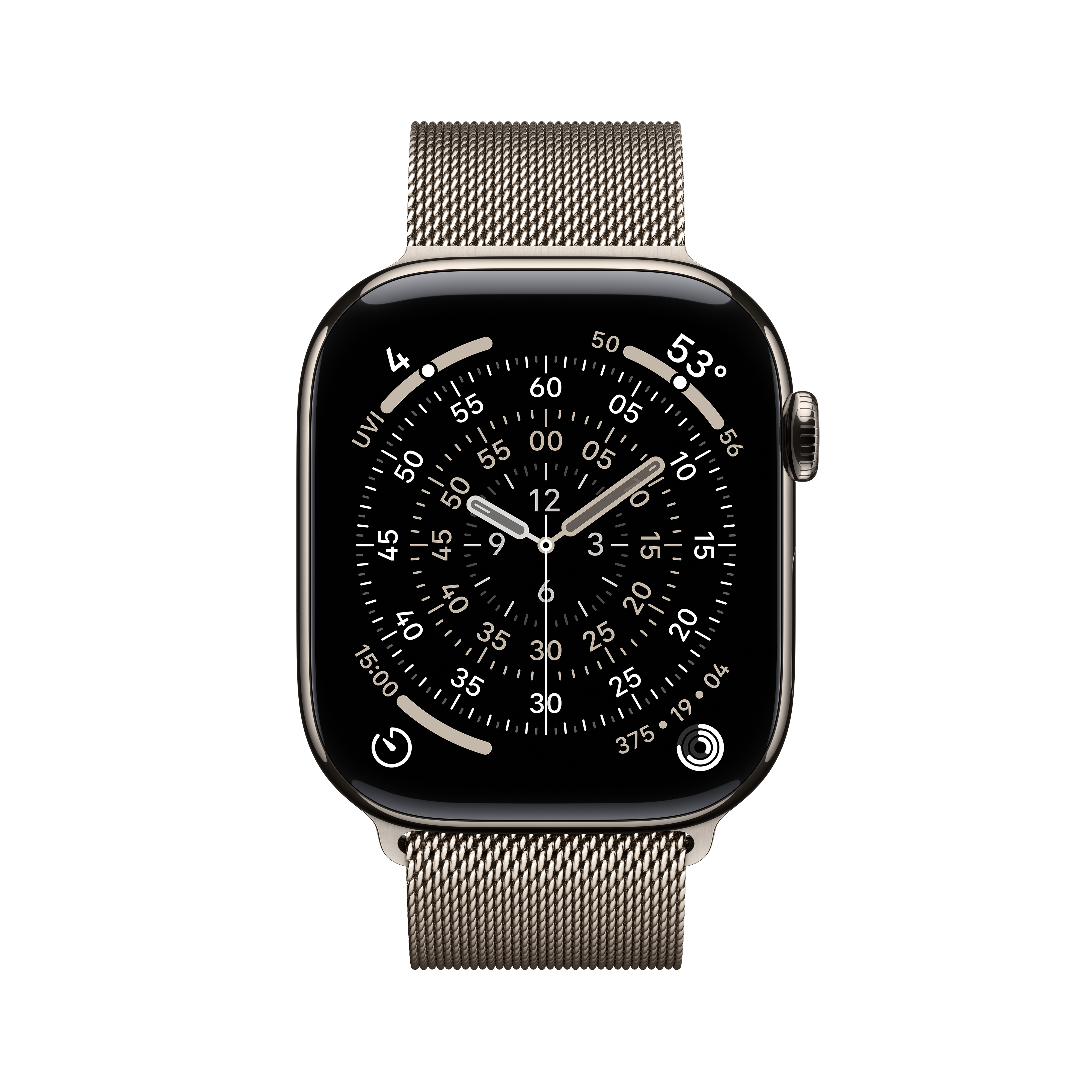 Une Apple Watch avec écran noir et bracelet métallique sur fond blanc. La montre affiche l'heure.