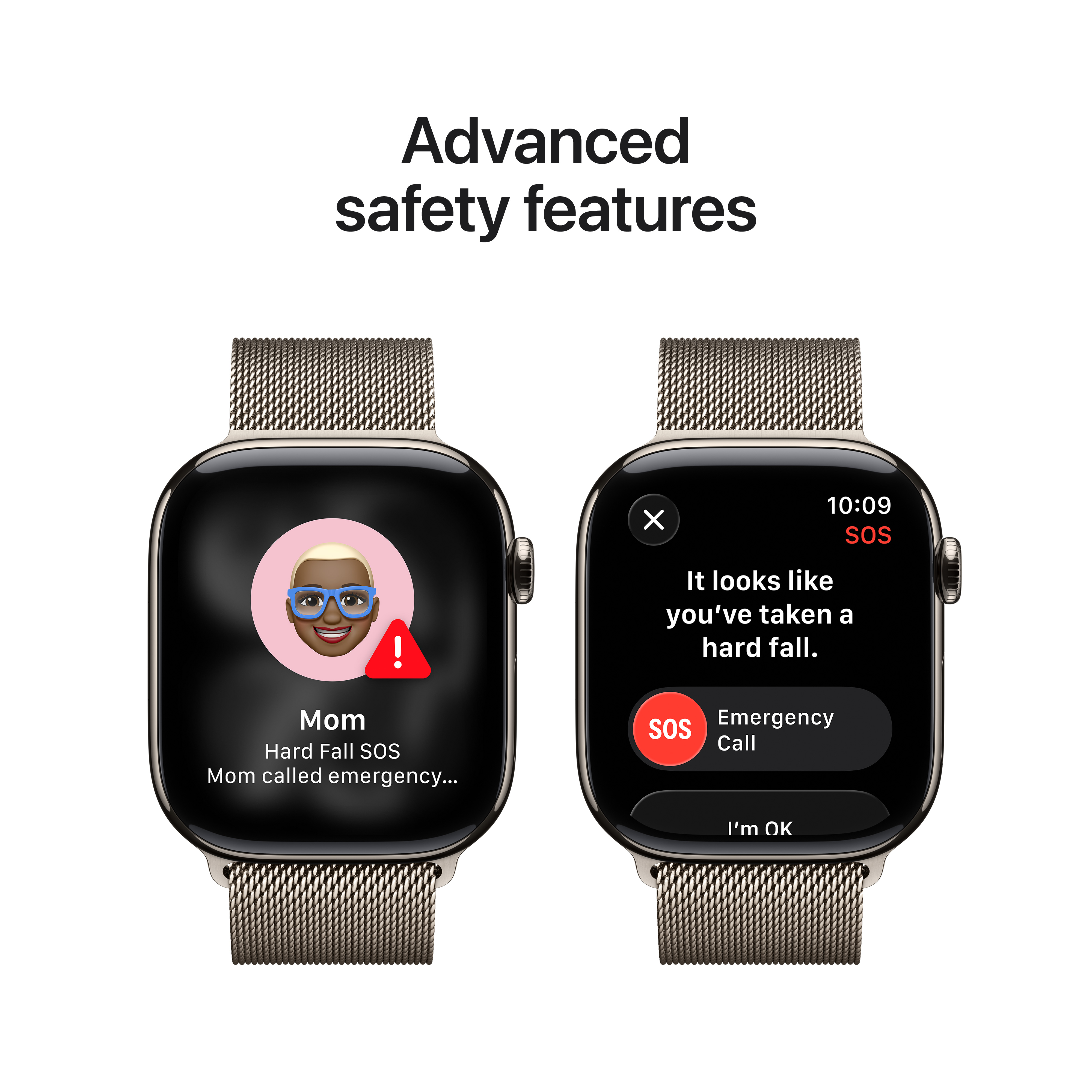 Deux montres connectées affichent des fonctions de sécurité. L'une montre une alerte de chute, l'autre une option d'appel.