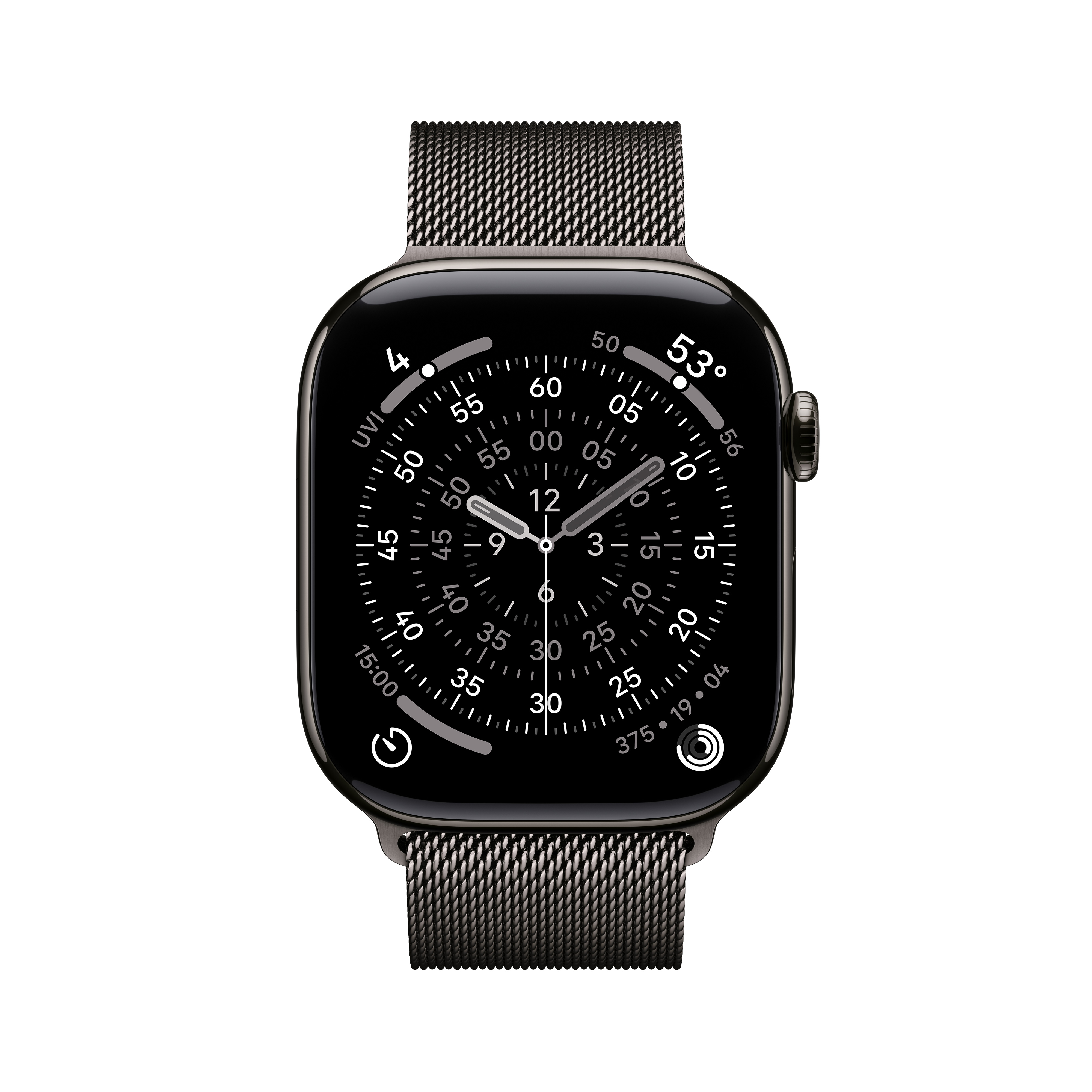 Une Apple Watch noire avec un bracelet en maille métallique sombre. Le cadran affiche l'heure et d'autres données.