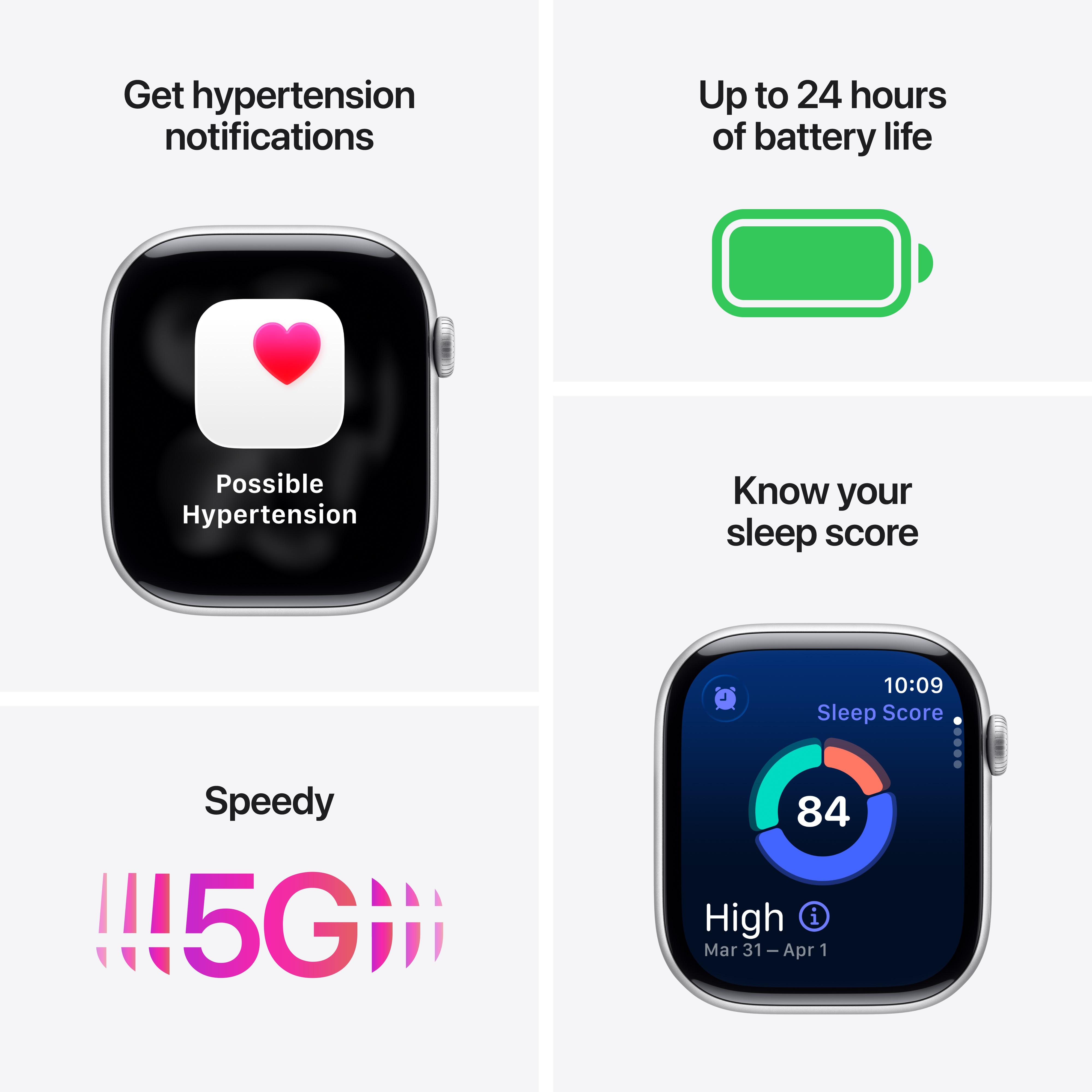 Une montre affiche des infos santé et du texte 5G. Elle montre les notifications d'hypertension, la durée de vie de la batterie, le score de sommeil et la 5G.