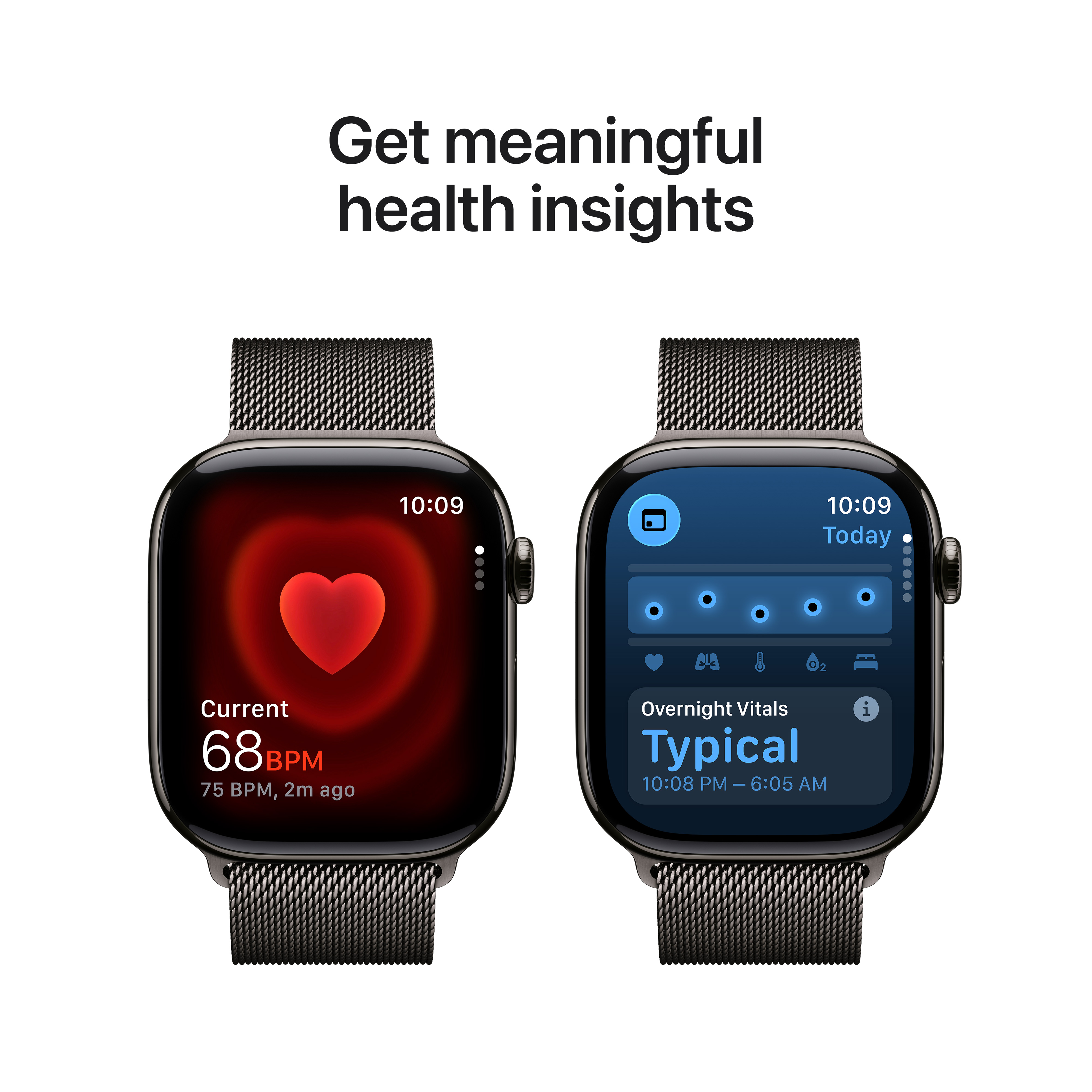 L'image montre deux montres connectées affichant des données de santé. L'une montre la fréquence cardiaque, l'autre les métriques de sommeil.