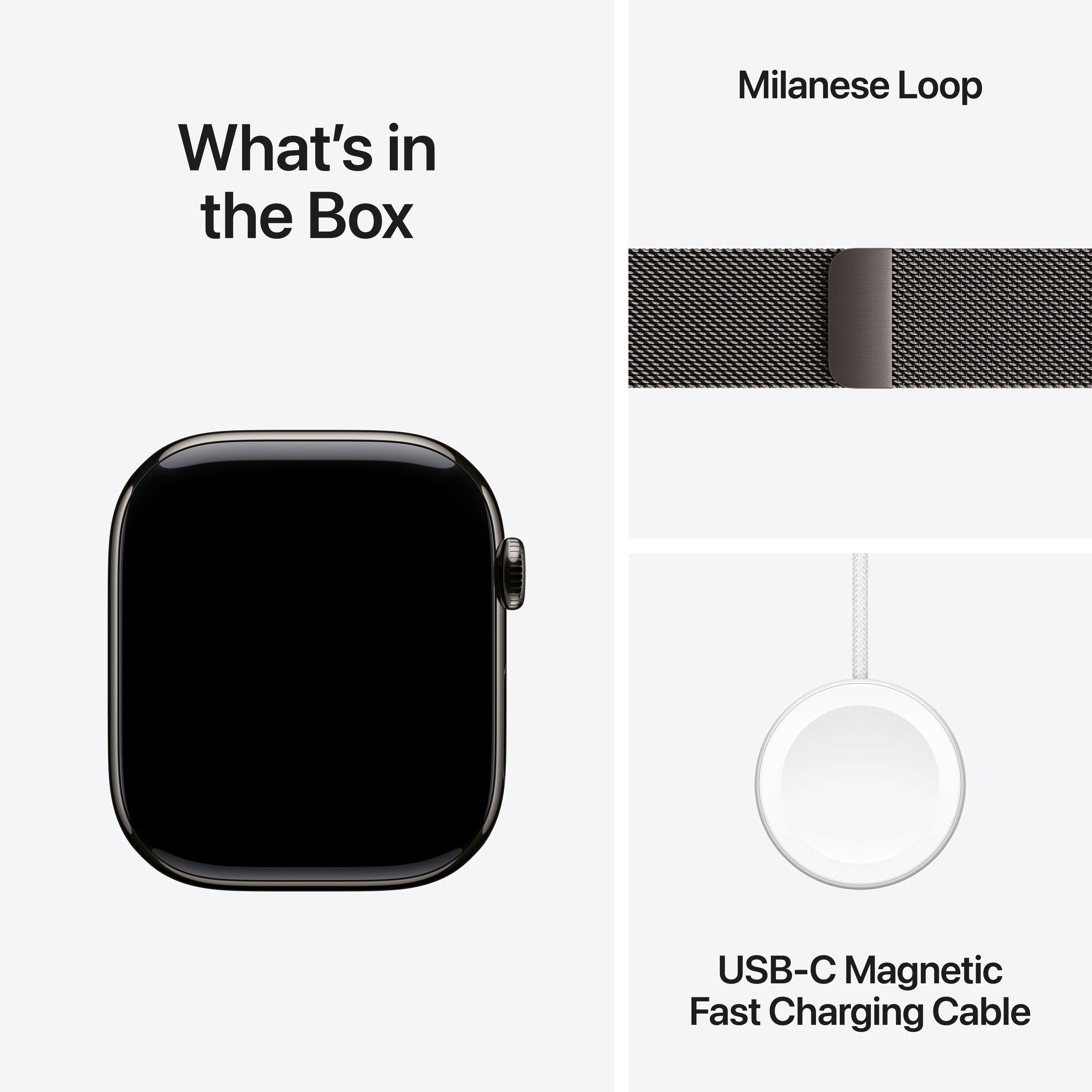 L'image montre l'Apple Watch, la boucle milanaise et le câble de chargement USB-C sur fond blanc. Le texte indique 'Qu'y a-t-il dans la boîte'.