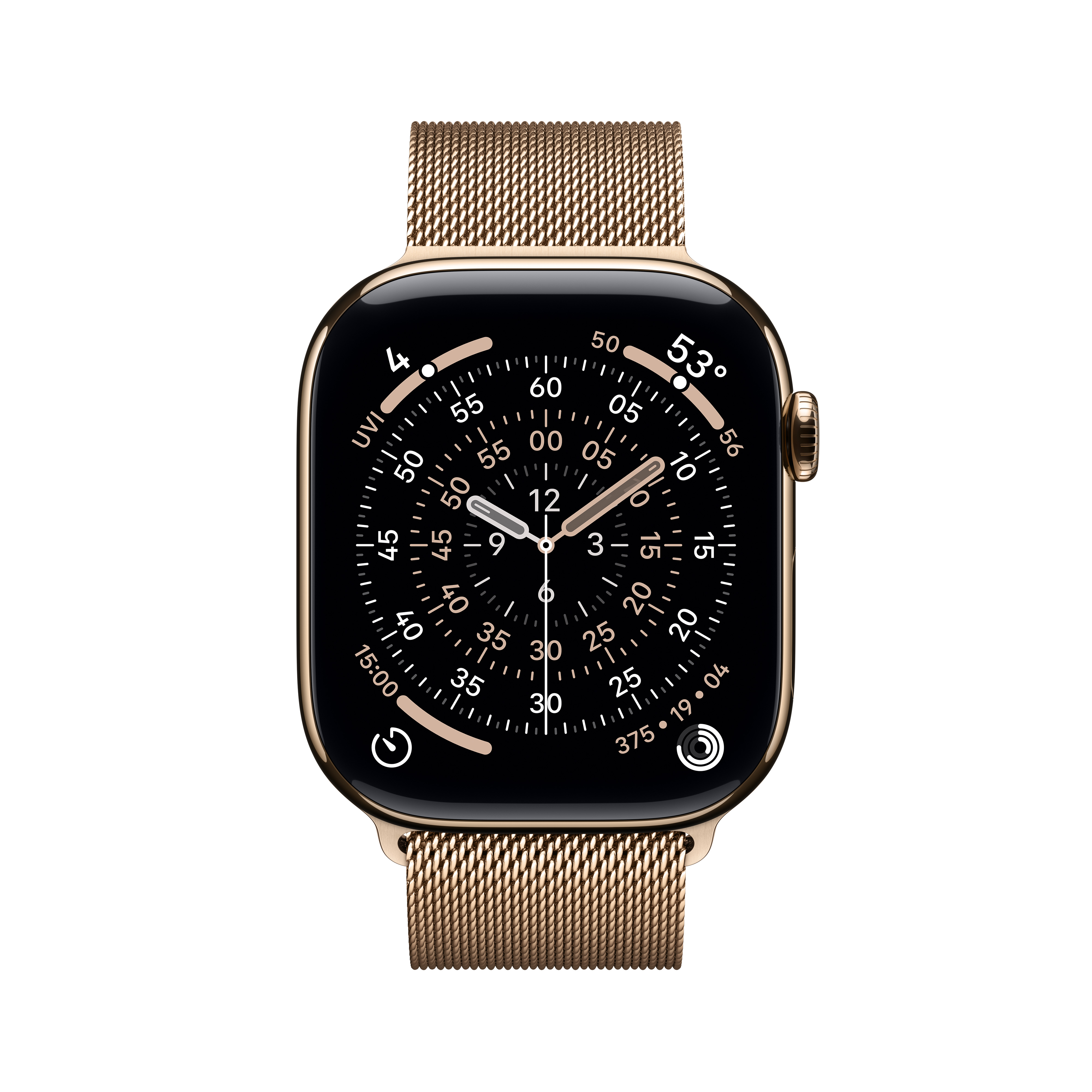 Apple Watch dorée avec un cadran noir affichant l'heure. Un bracelet en maille dorée est attaché. Le fond est blanc.