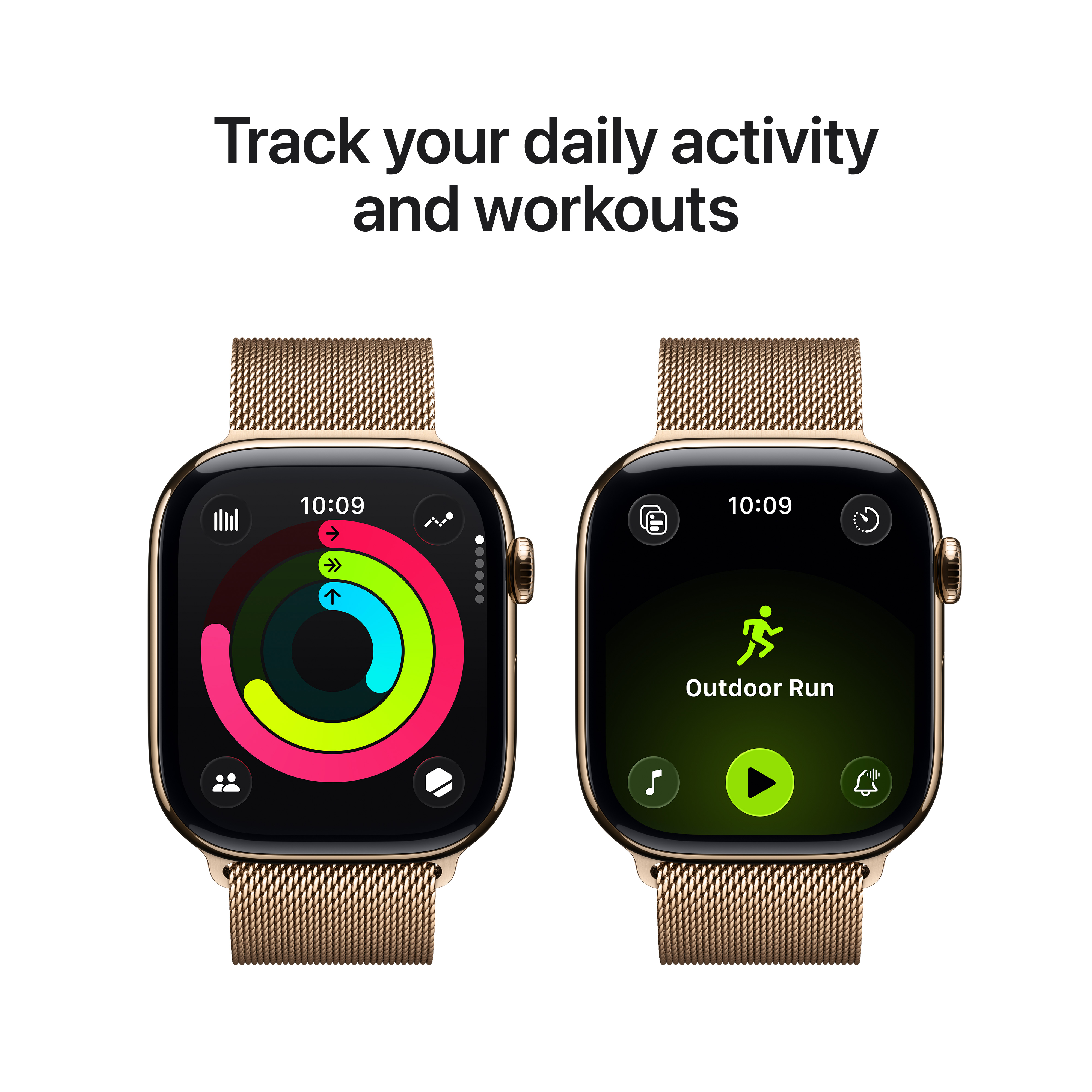 Deux montres connectées affichent des anneaux d'activité et l'option course en extérieur. Boîtiers dorés, bracelets en maille, écrans noirs, fond blanc.
