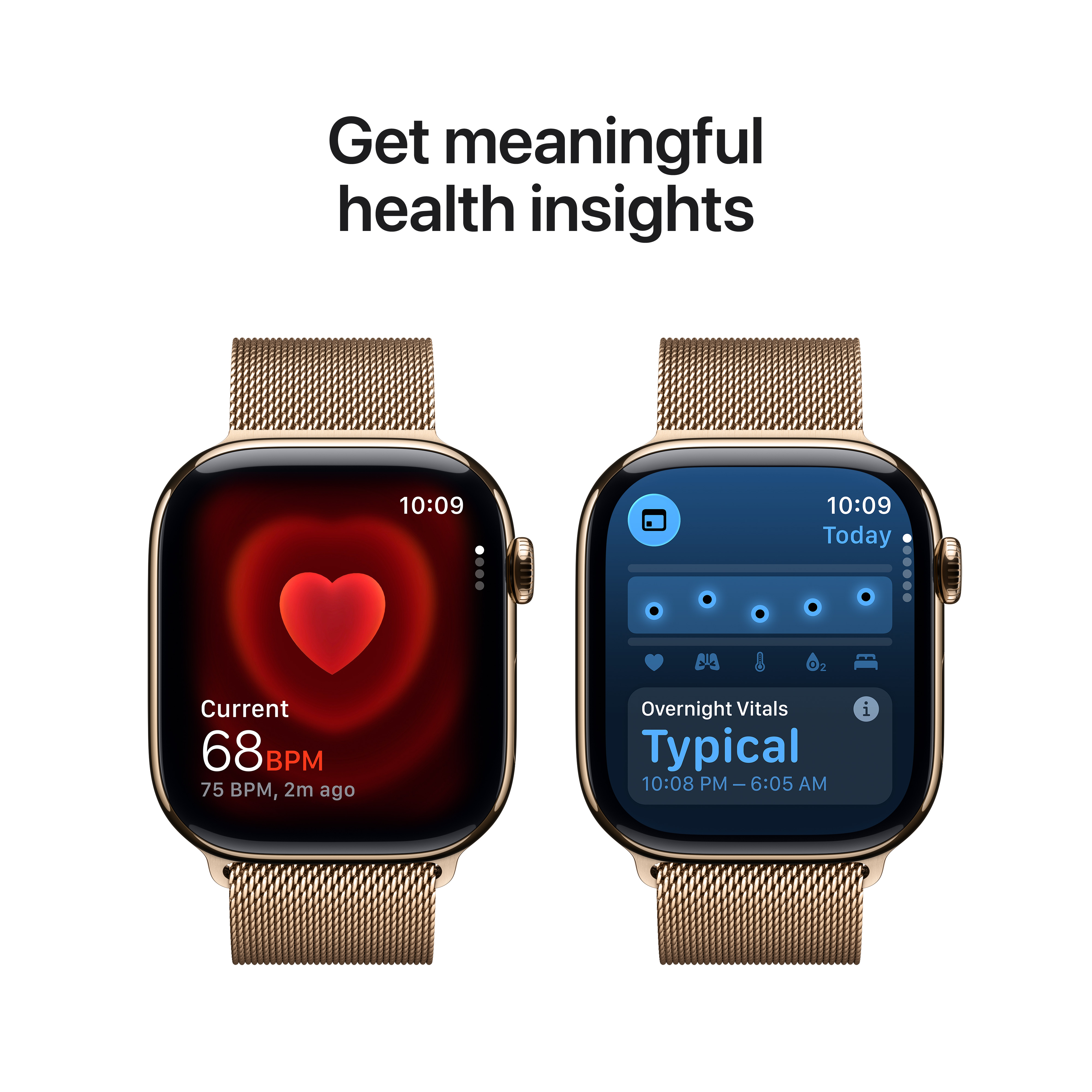 Deux montres connectées affichent des données de santé. L'une montre 68 bpm. L'autre montre les constantes nocturnes.