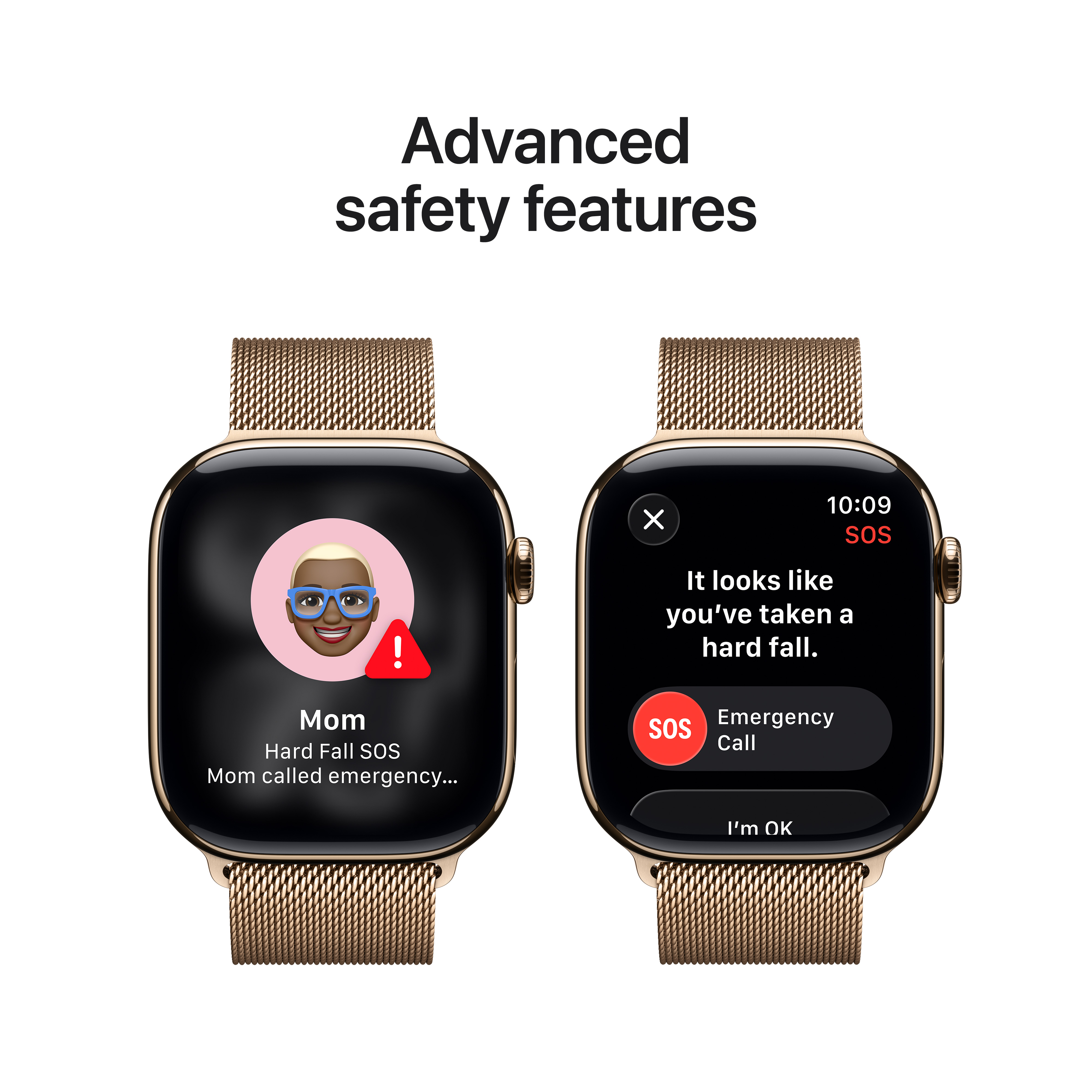 Deux montres intelligentes dorées affichant les fonctionnalités de détection de chute. L'une montre SOS de maman, l'autre dit 'chute dure' avec appel d'urgence.