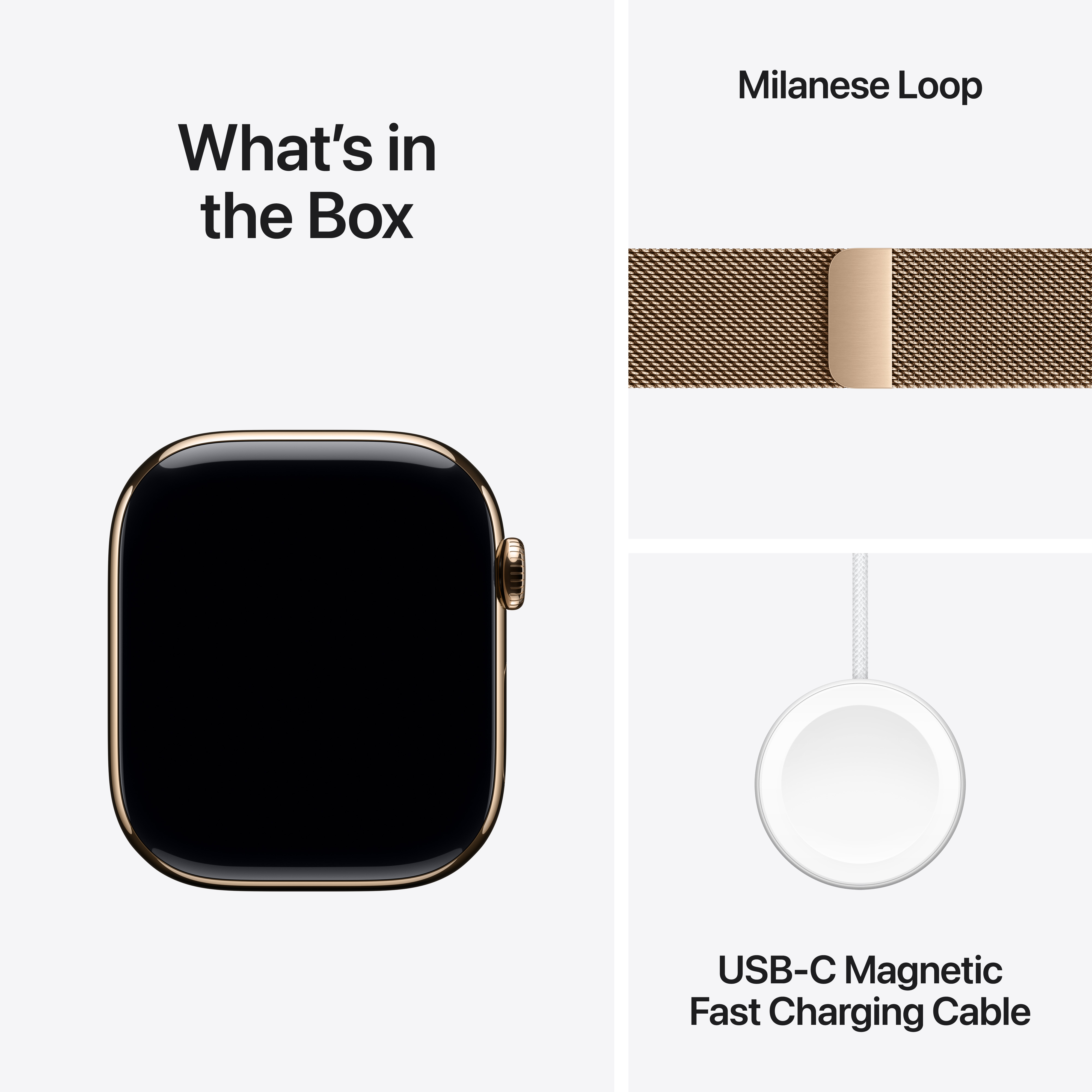 L'image montre l'Apple Watch, le bracelet Milanese Loop et un câble de charge magnétique USB-C, sur fond blanc.