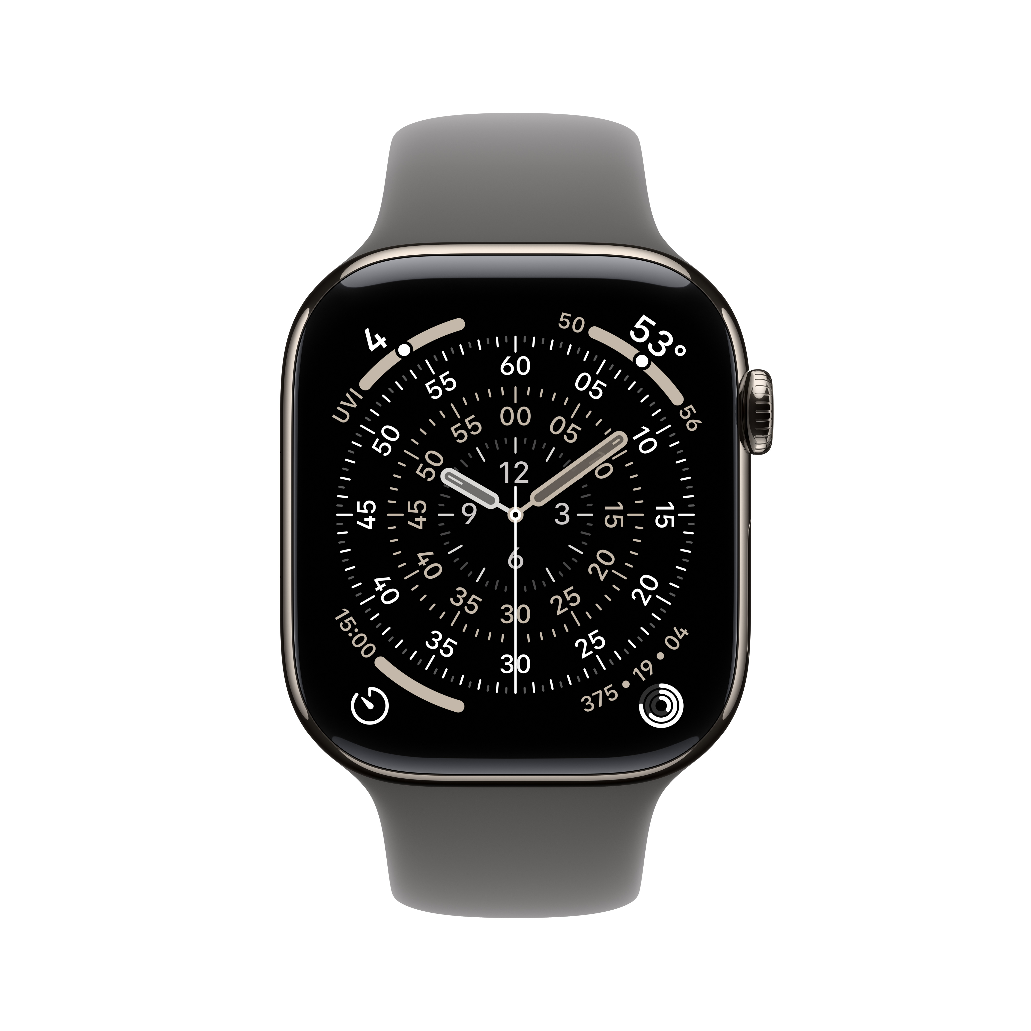 Une Apple Watch argentée avec un bracelet gris. Le cadran affiche l'heure et d'autres données.
