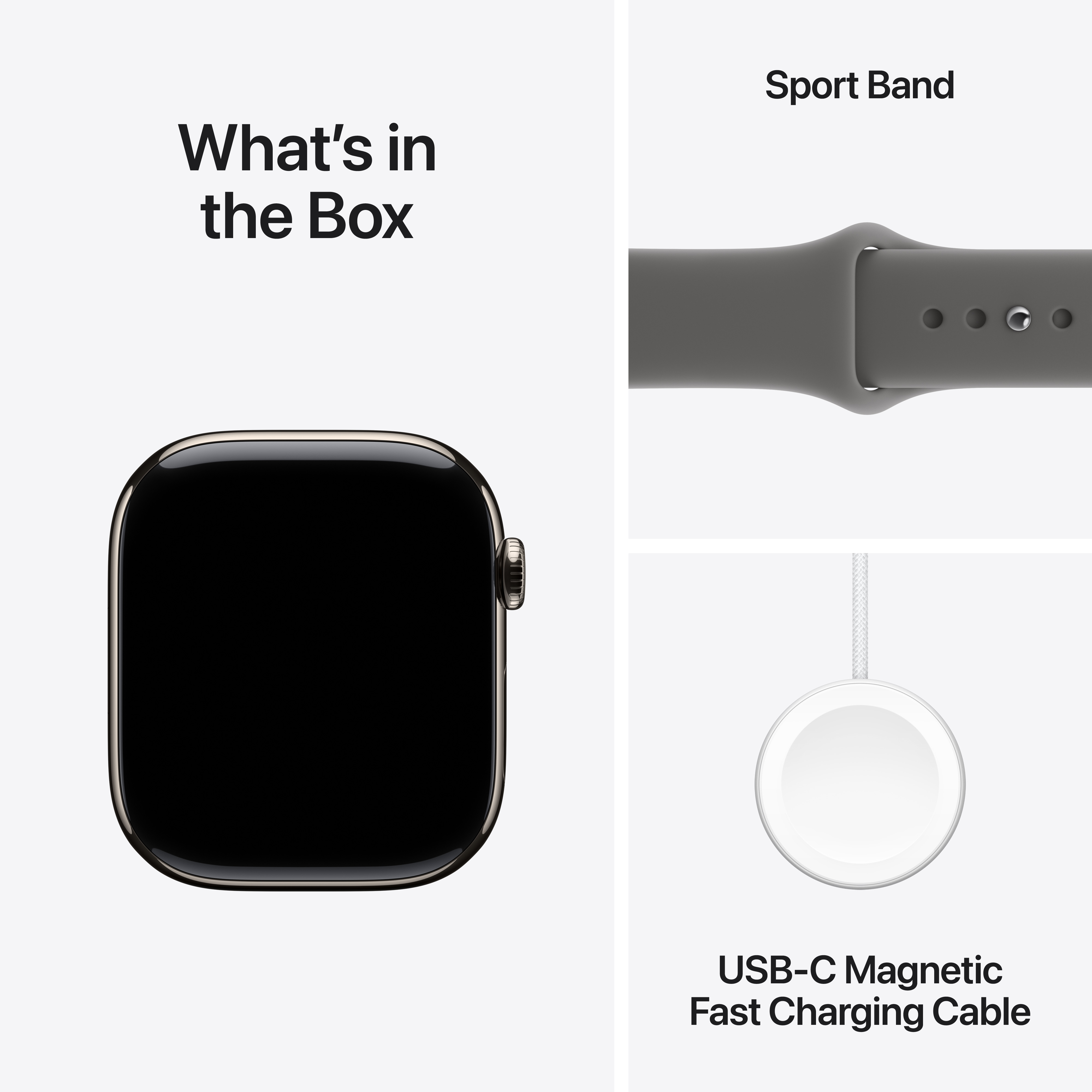 L'image montre une Apple Watch, un bracelet sport gris et un câble de charge rapide magnétique USB-C sur fond blanc.