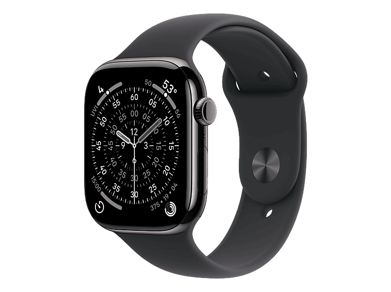 APPLE Watch Series 11 (GPS + Cellular) 46 mm Smartwatch Titan Fluorelastomer, 140 - 190 (S/M), Slate Titanium/Black Sport Band