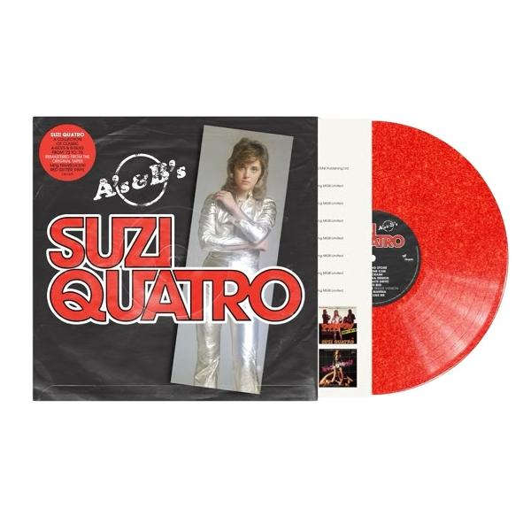 Albumcover von Suzi Quatro mit roter Glitzer-Vinyl-Schallplatte. Das Cover zeigt Suzi in Silber, rotem und schwarzem Text.