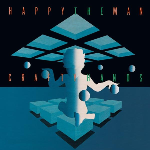 Illustration mit einer Figur, die Kugeln jongliert. Oben eine Pyramide, unten Würfel. Text: HAPPY THE MAN CRAFTY HANDS.