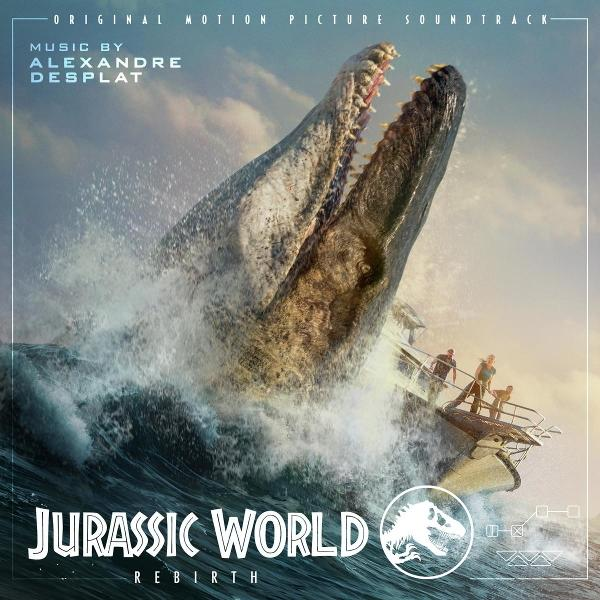 Jurassic World Filmplakat. Ein großer Seeechse bricht aus dem Wasser und greift ein Boot mit Menschen an. Titel und Logo sind sichtbar.
