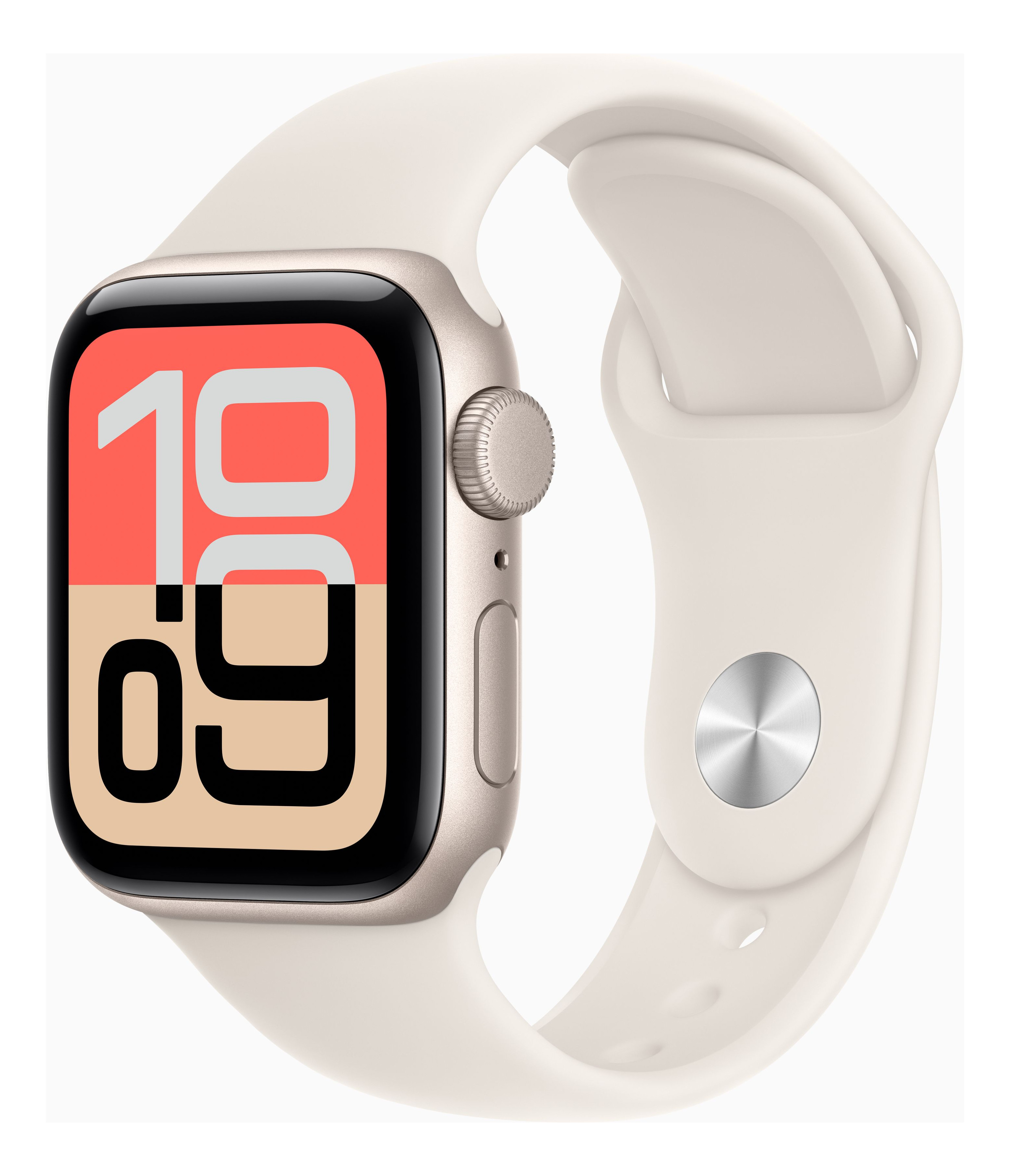 Eine cremefarbene Apple Watch mit einem cremefarbenen Armband. Das Zifferblatt zeigt die Zeit 10:09.