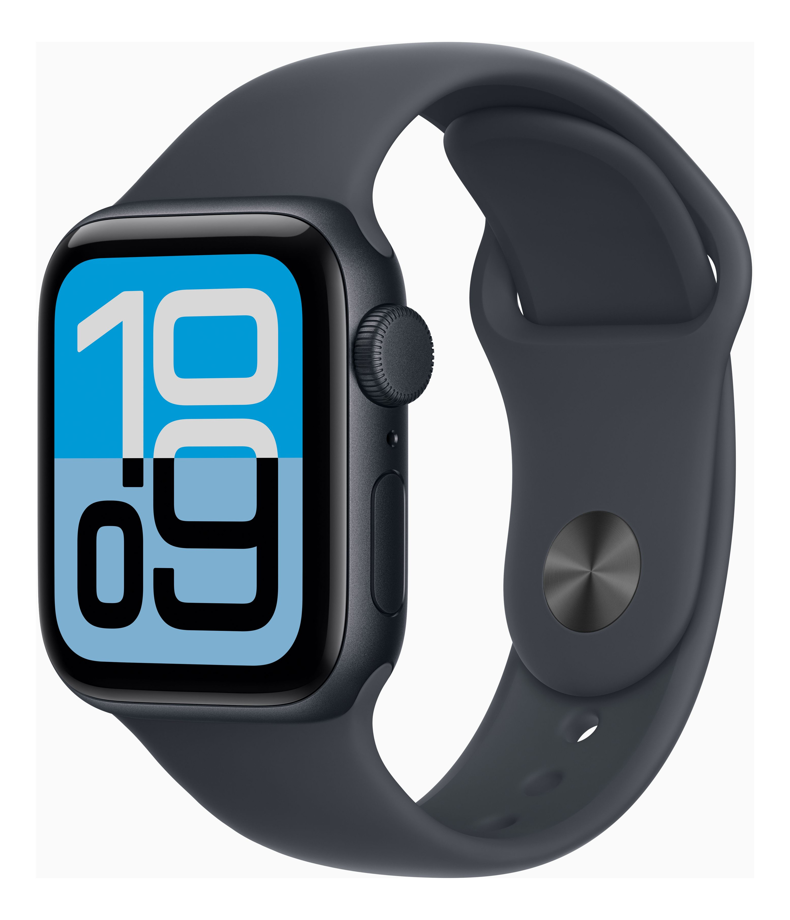 Dunkelgraue Smartwatch mit blauem Bildschirm, der die Uhrzeit 10:09 anzeigt. Das Armband ist an der Uhr befestigt.