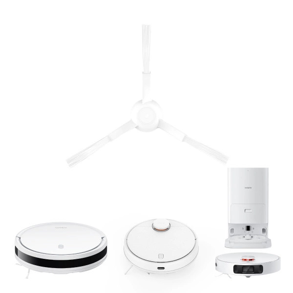 Biały robot odkurzający i akcesoria. Zawiera stację ładującą, szczotki i różne modele. Czysty design na białym tle.