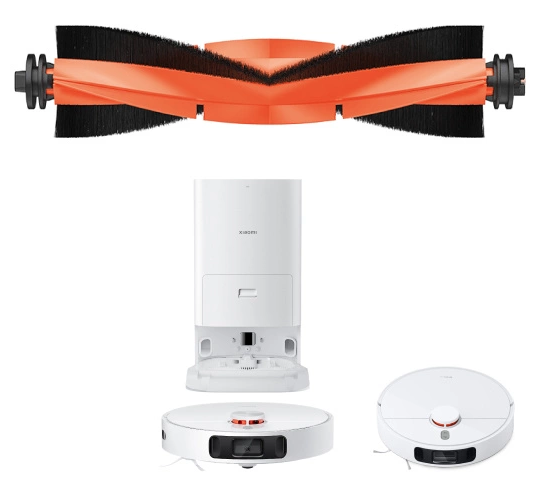 Robot odkurzający i jego części, w tym szczotka, stacja ładująca i sam odkurzacz, są wyświetlane na białym tle.