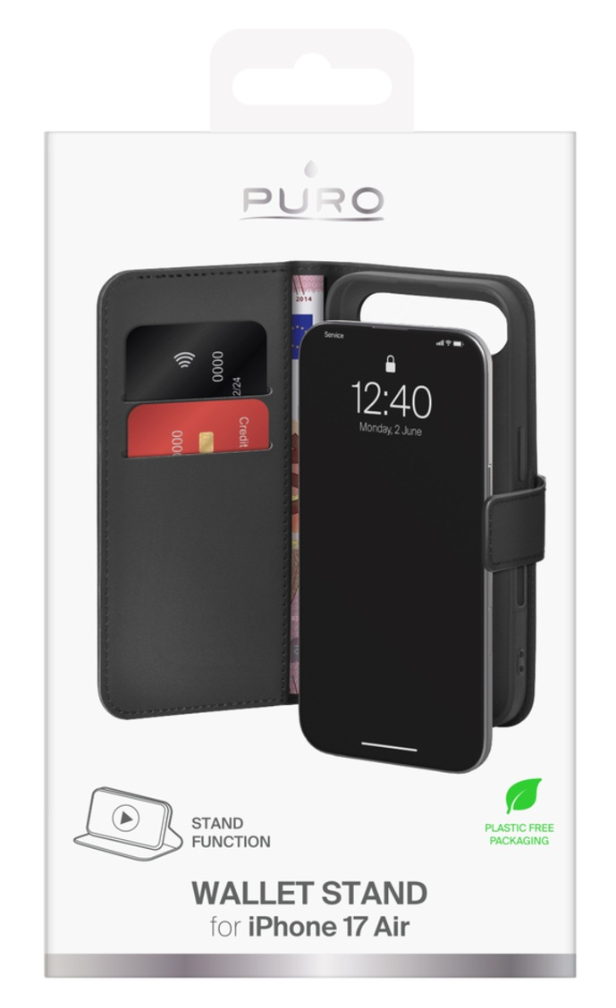 Czarne etui na telefon z iPhone'em, kartami kredytowymi i stojakiem na portfel. Na opakowaniu napis 'WALLET STAND for iPhone 17 Air'.